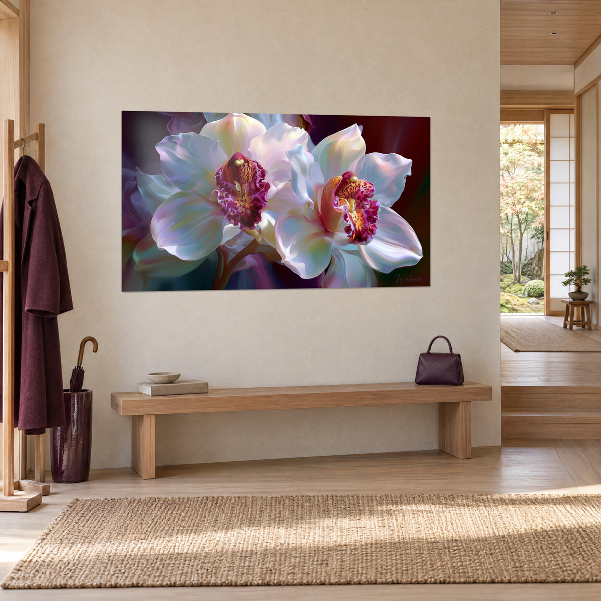 Quadro fiori di orchidea dalle labbra macchiettate arancio e porpora, petali bianco azzurrato in tre quarti, panca in legno chiaro