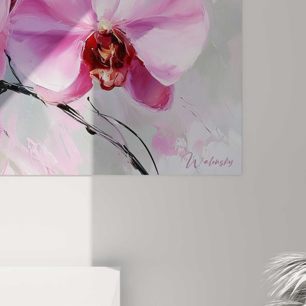 Empâtements de peinture rose et bordeaux révélant le grain texturé des pétales d'orchidée