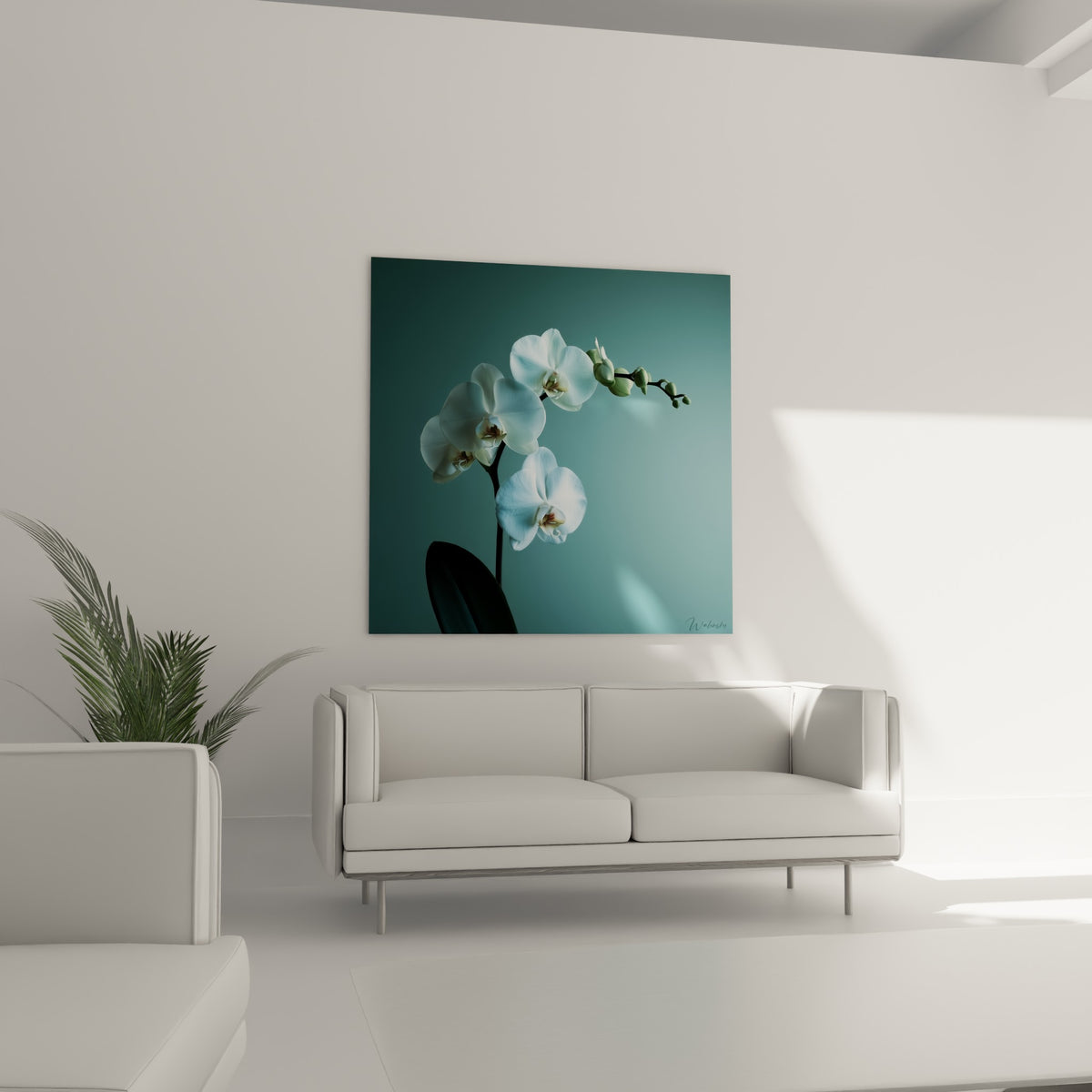 Tige d'orchidée blanche sur fond céladon accrochée au-dessus d'un canapé dans un salon lumineux