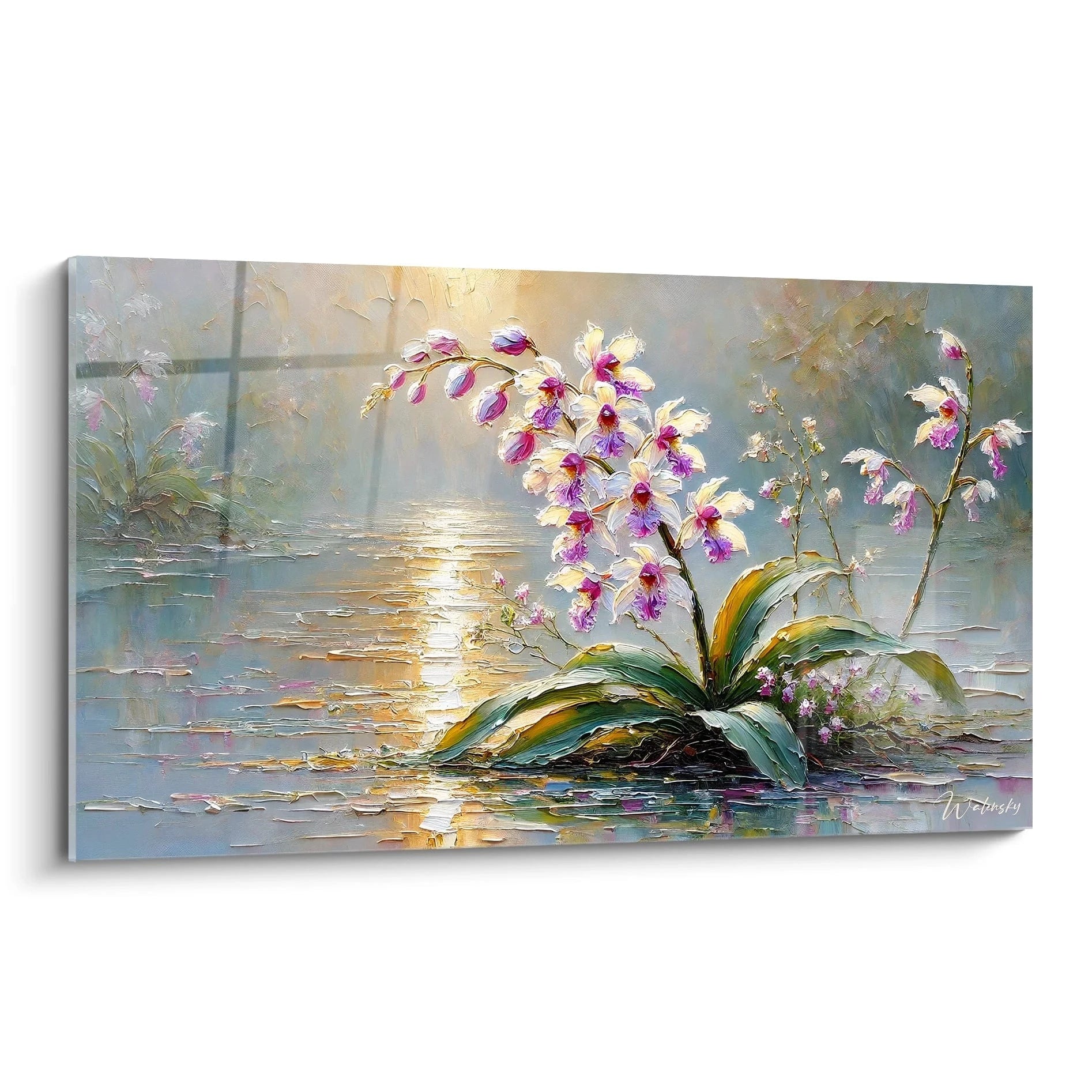 Tableau Orchidée vu de biais révélant les nuances de rose et blanc, reflétant la lumière dorée du matin, idéal pour apporter une touche de nature et de poésie à votre intérieur.