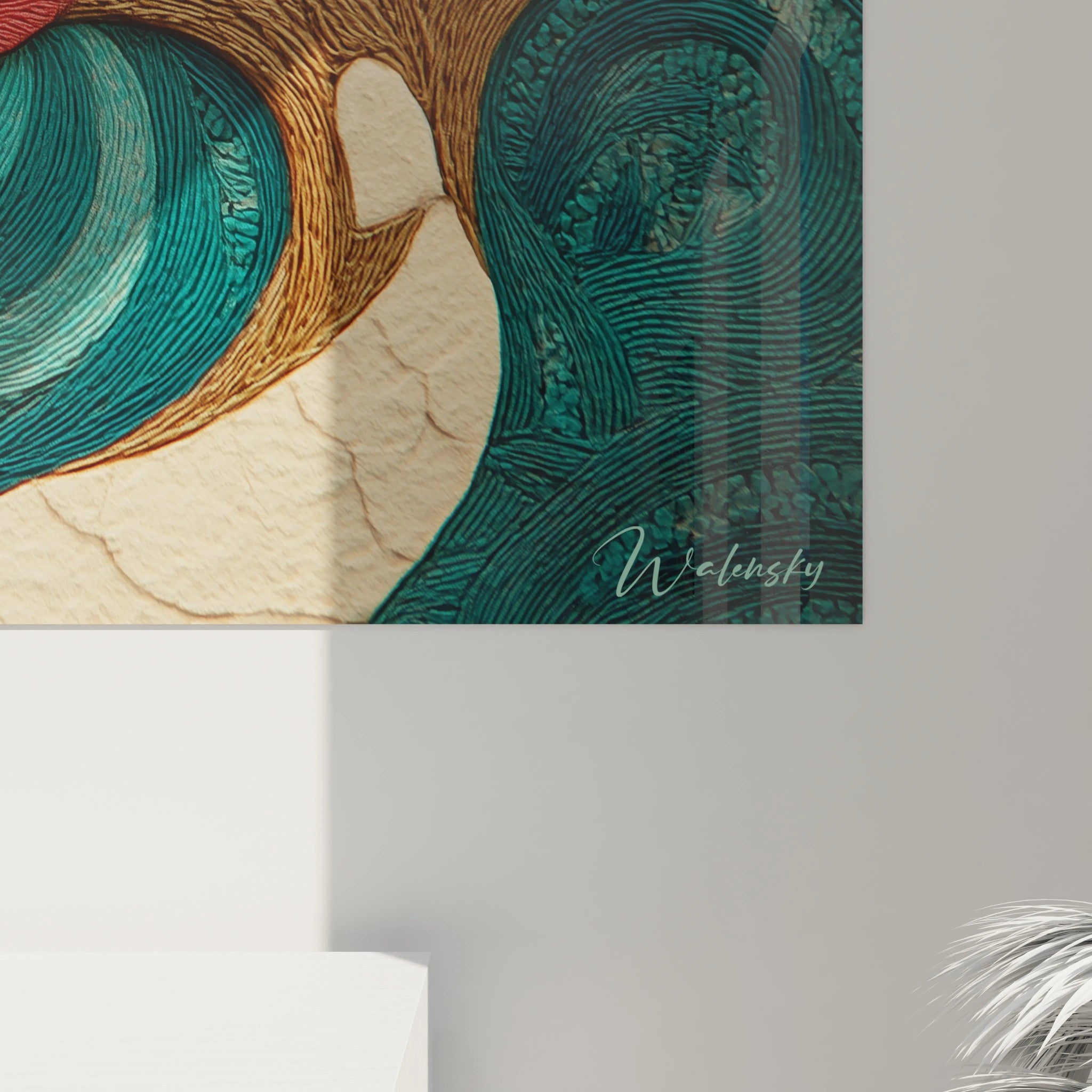 tableau orchidées art nouveau Walensky détail mural turquoise et or texture embossée signature visible