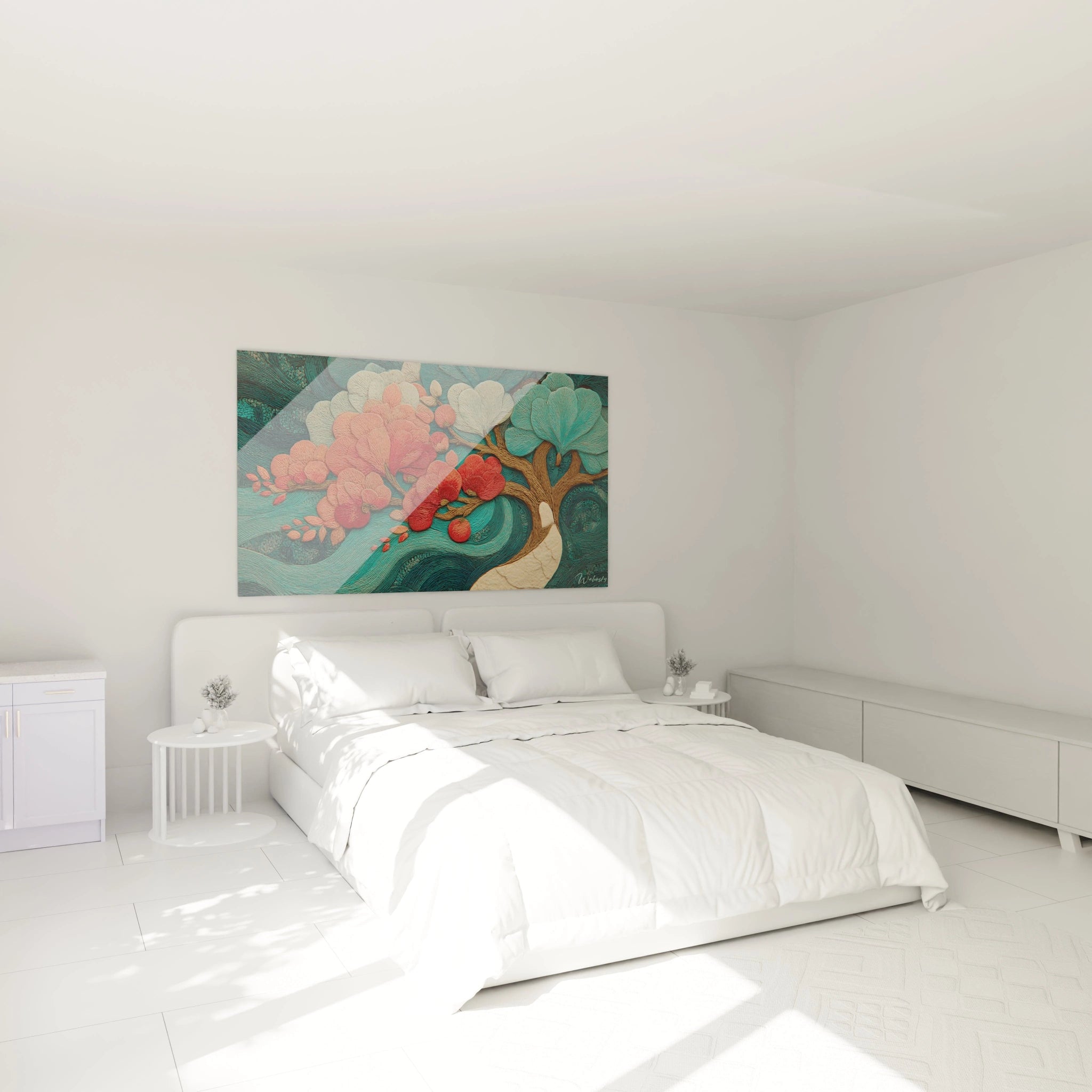 tableau orchidées art nouveau Walensky grand tableau mural coloré au dessus d un lit blanc minimaliste