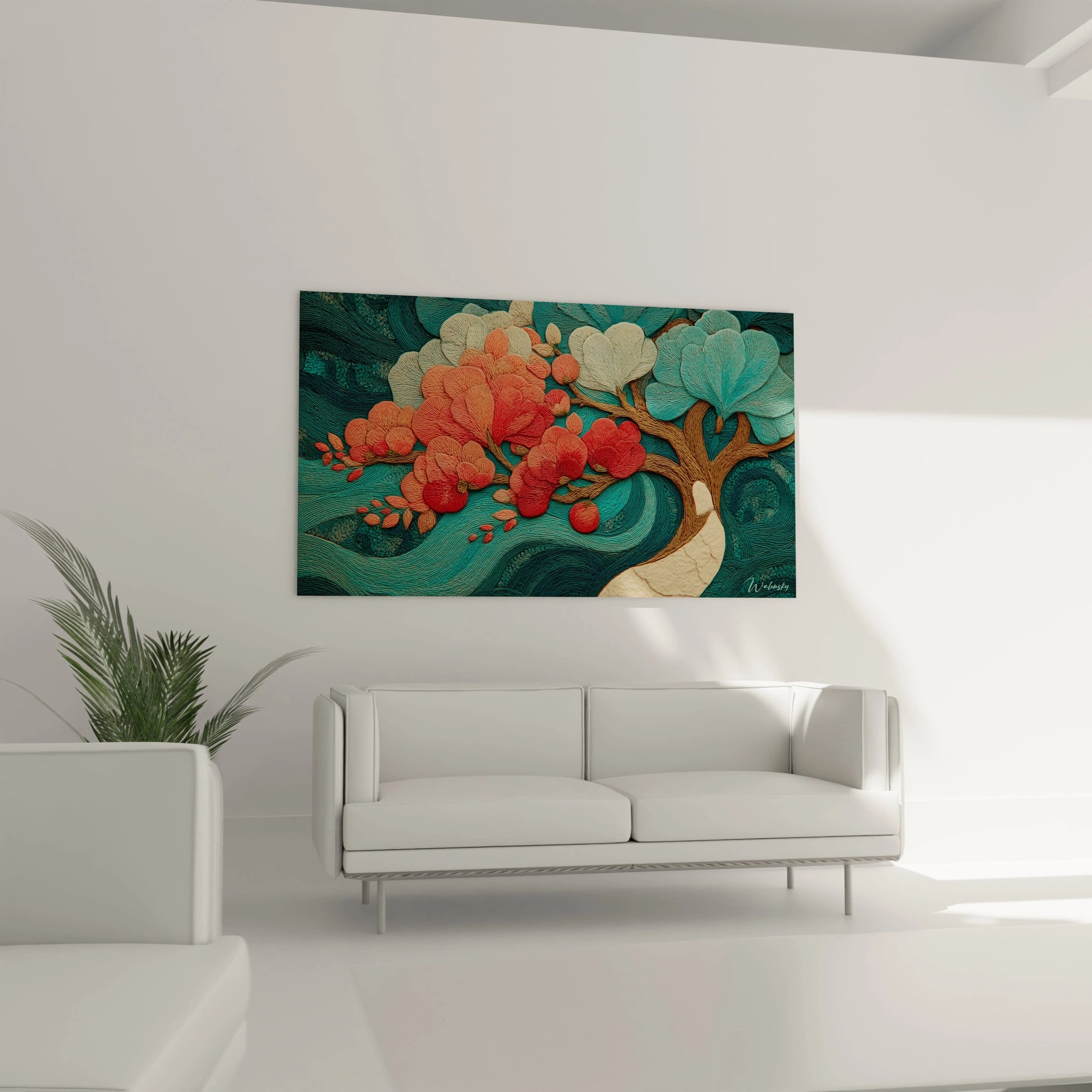 Tableau mural Walensky arbre stylise fleurs corail feuilles turquoises tableau orchidées art nouveau pour salon