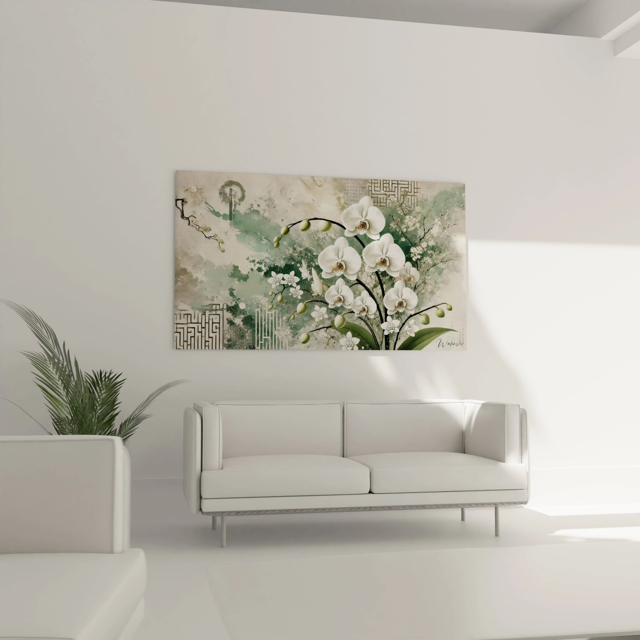 tableau Orchidee suspendu dans un salon au-dessus du canape ajoutant une touche de serenite et de modernite avec des fleurs subtiles et des nuances apaisantes de vert et de blanc