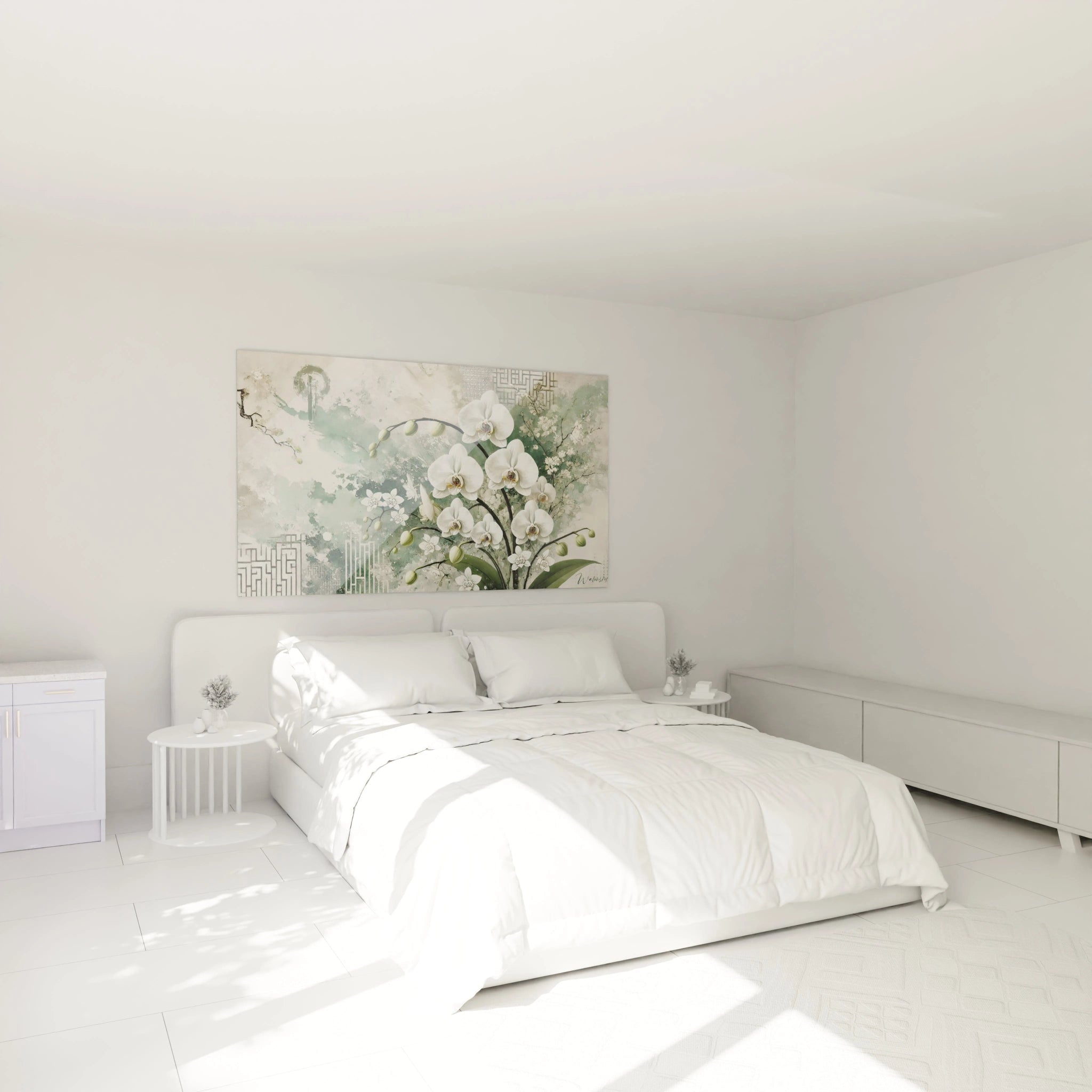 tableau Orchidee accroche au mur dans une chambre au-dessus du lit apportant une atmosphere apaisante et elegante avec des touches de blanc vert et beige pour un espace de detente