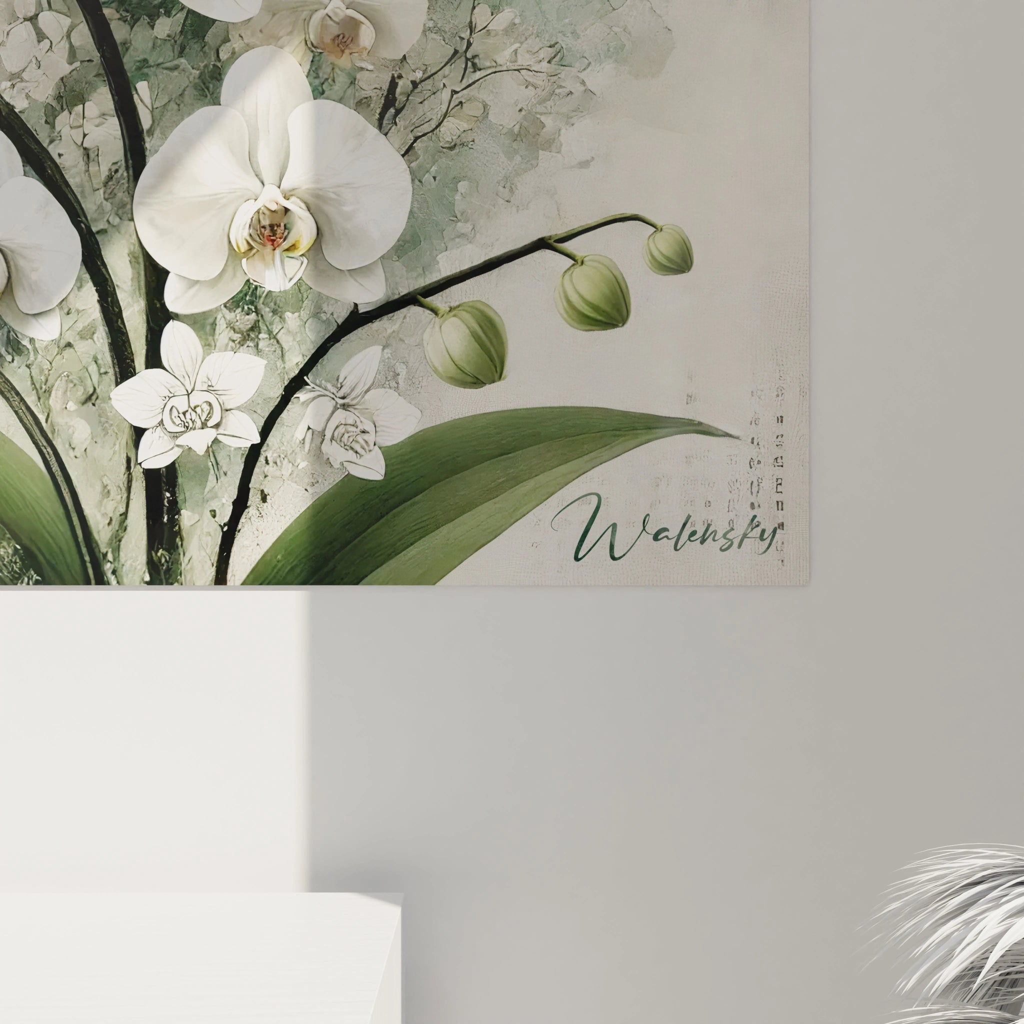 vue de pres du tableau Orchidee montrant des details exquis des petales blancs et verts dans une composition contemporaine qui capture la beaute delicate des fleurs
