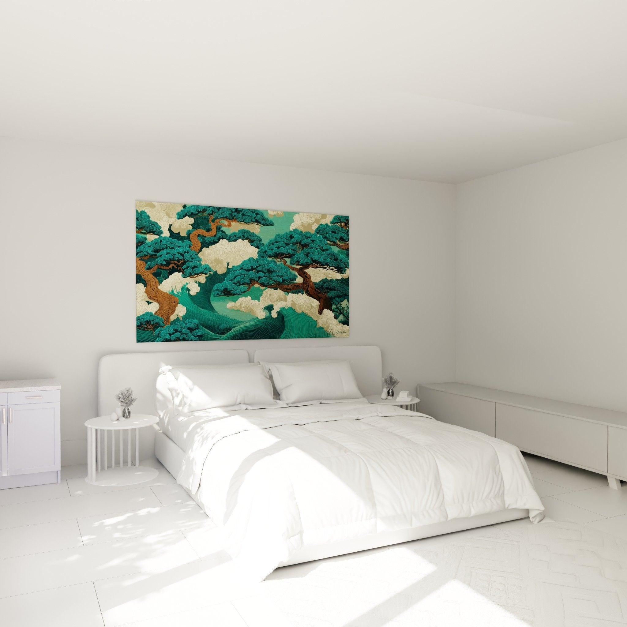 Landschaftsbild orientalisch Schlafzimmer Wanddekoration Bäume türkis goldene Wolken zen beruhigende Atmosphäre