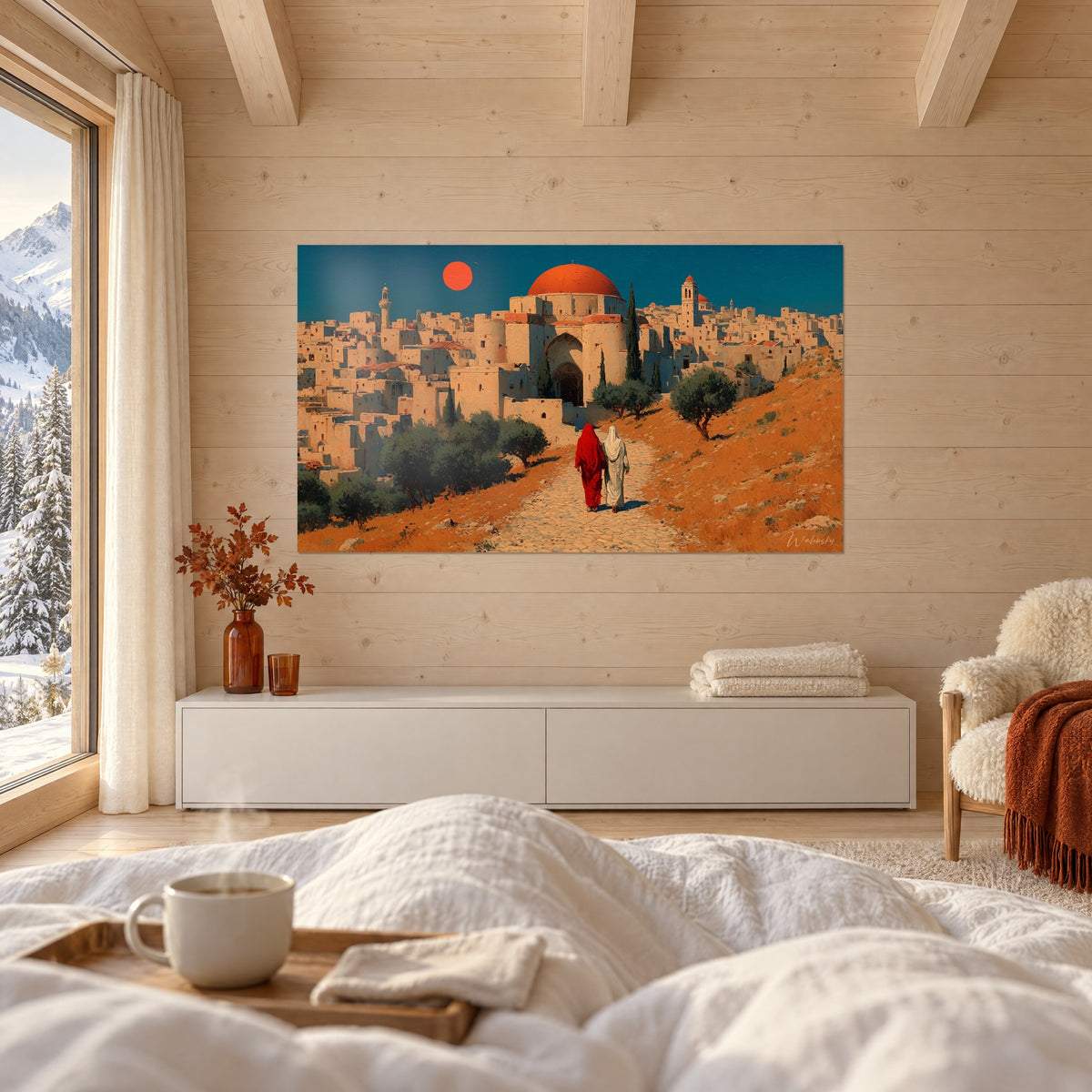Quadro villaggio orientale di terra color crema, cupola arancione sotto un sole rosso, collina ocra e ulivi verdi, sopra un letto in una camera luminosa