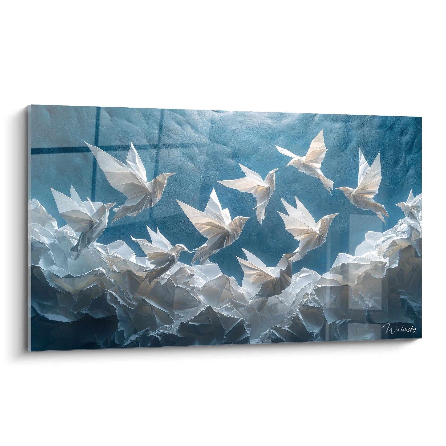 Tableau trompe l'oeil de Walensky avec oiseaux en origami blancs sur fond bleu texturé