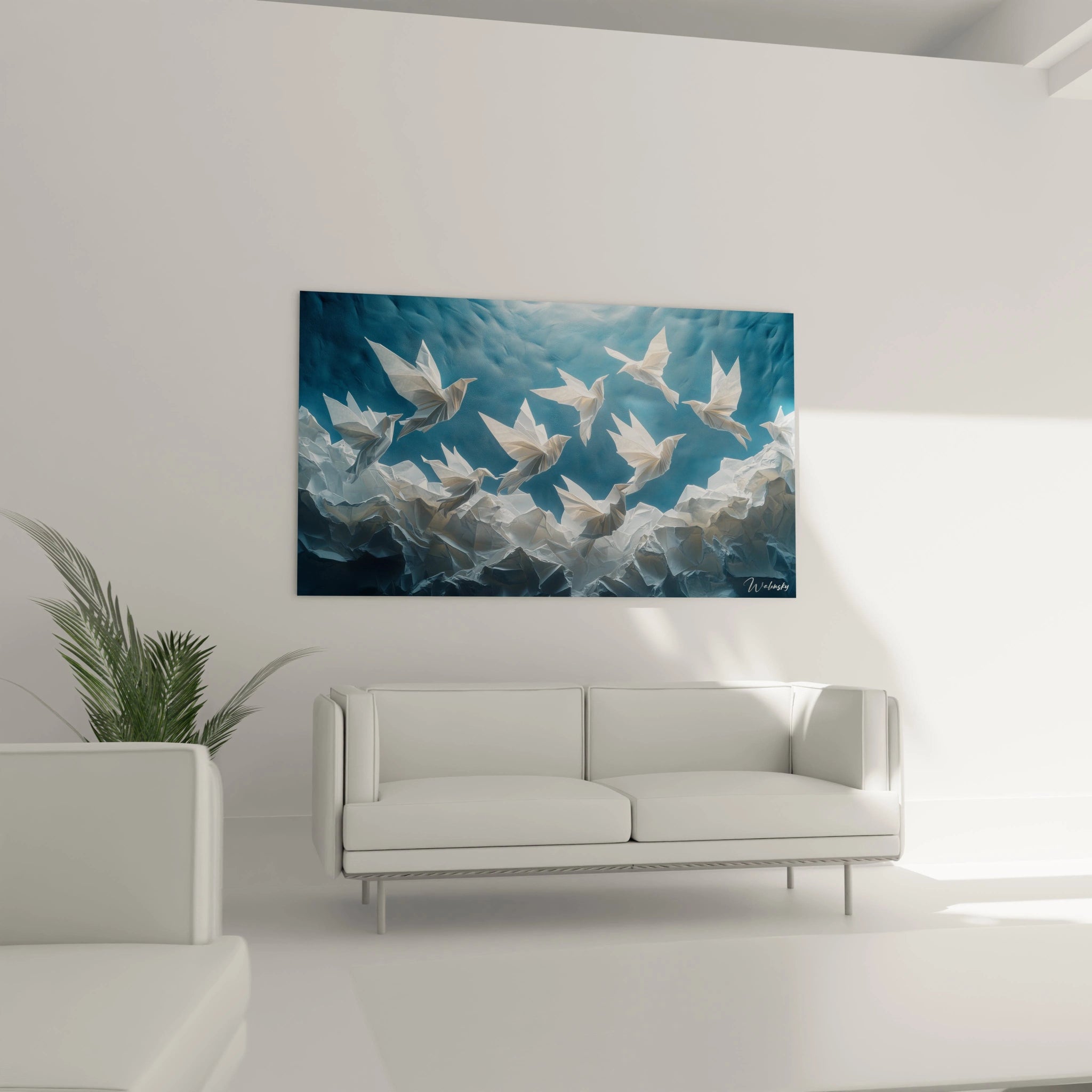 Tableau trompe l'oeil Walensky représentant des oiseaux blancs volant sur fond bleu dans un salon moderne