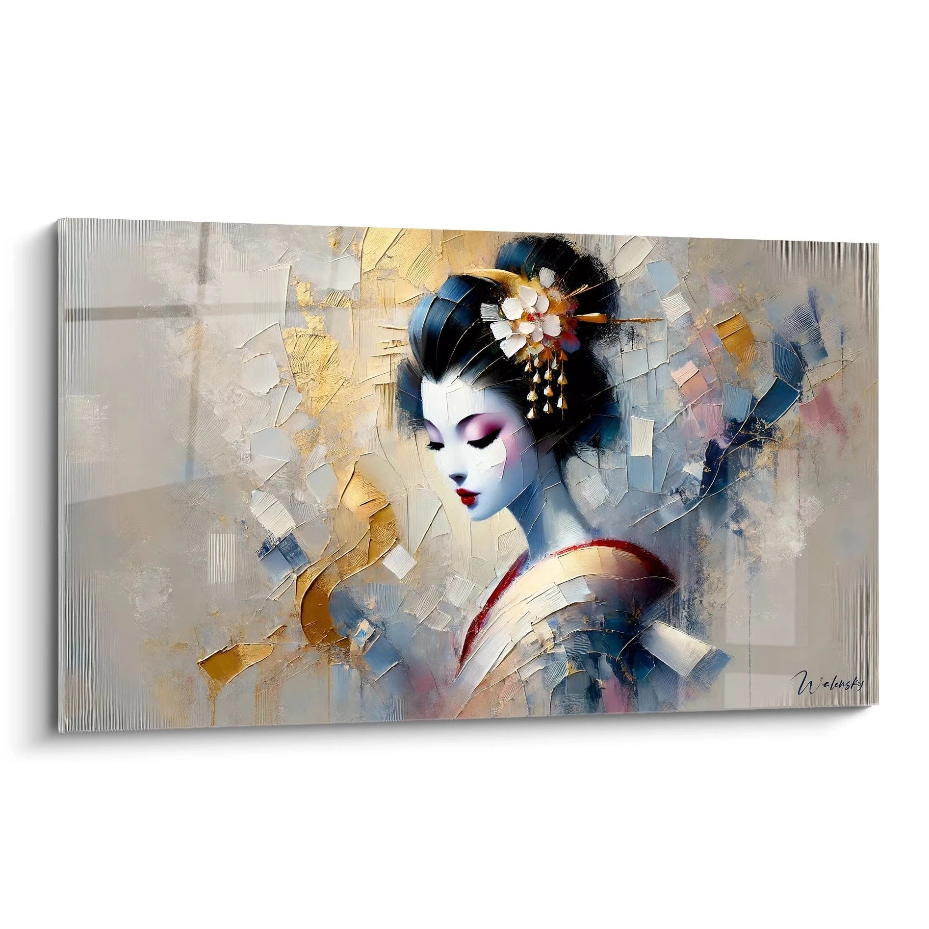 Tableau geisha en vue de biais montrant la finesse des textures et contrastes colorés. L'élégance de la geisha se déploie, baignée de lumière et d’ornements dorés, révélant une harmonie unique.