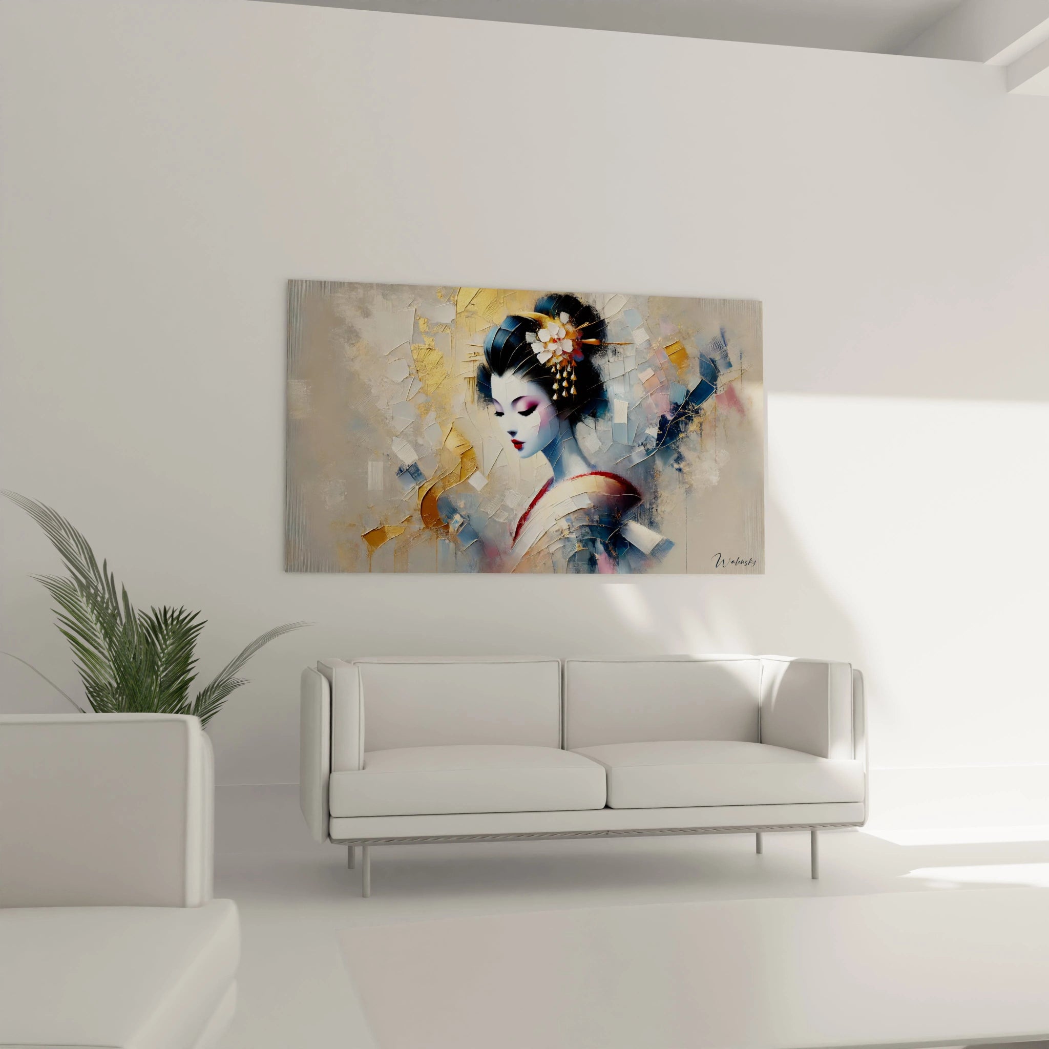 Tableau geisha en decoration murale dans un salon. Place au-dessus du canapé, il illumine la piece avec ses textures abstraites et ses nuances raffinées, reflet de l’art japonais.