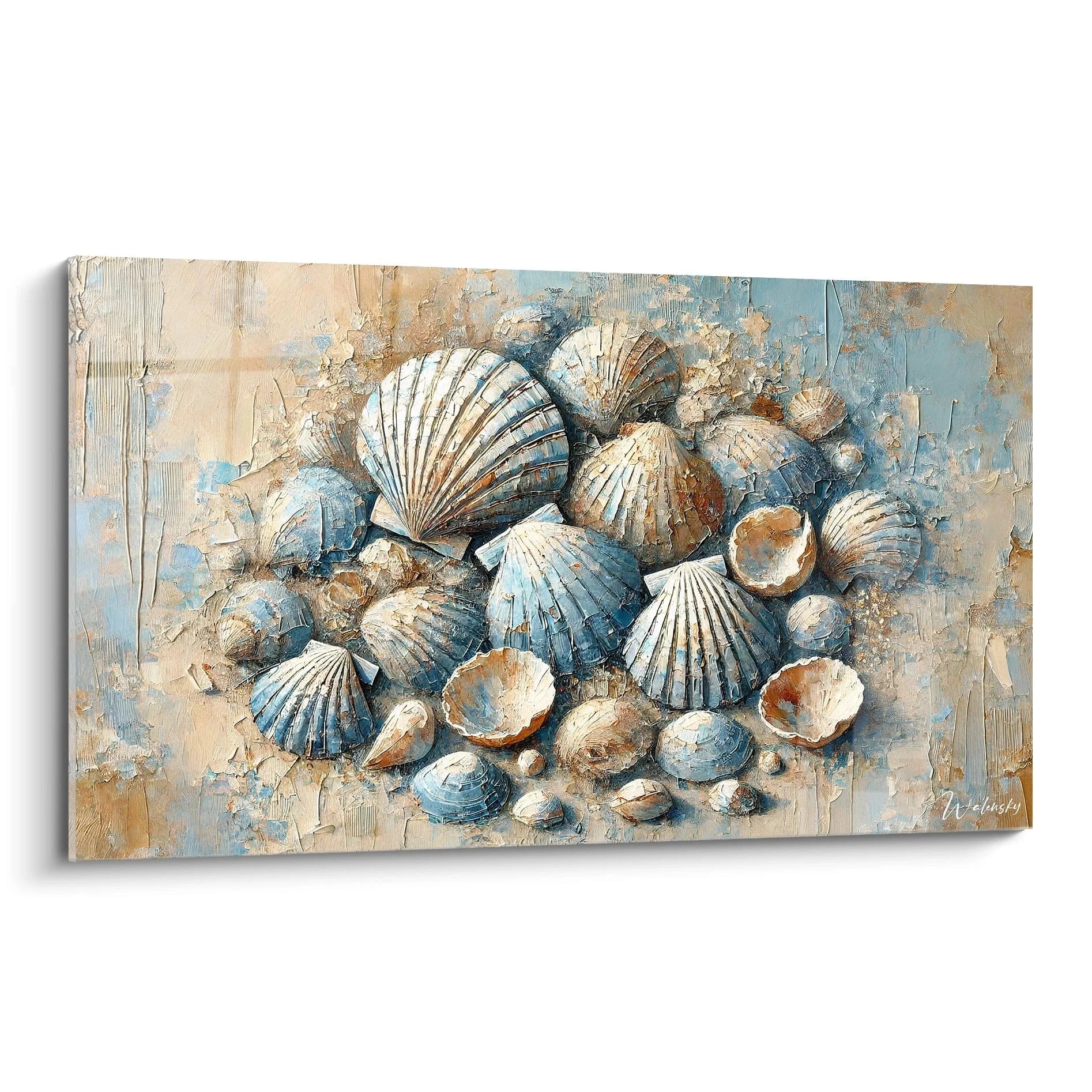 Tableau Coquillage vu de biais, capture l’harmonie marine avec des textures reliefs saisissantes. Les couleurs bleu, beige et blanc évoquent l’essence apaisante de la mer et du sable.