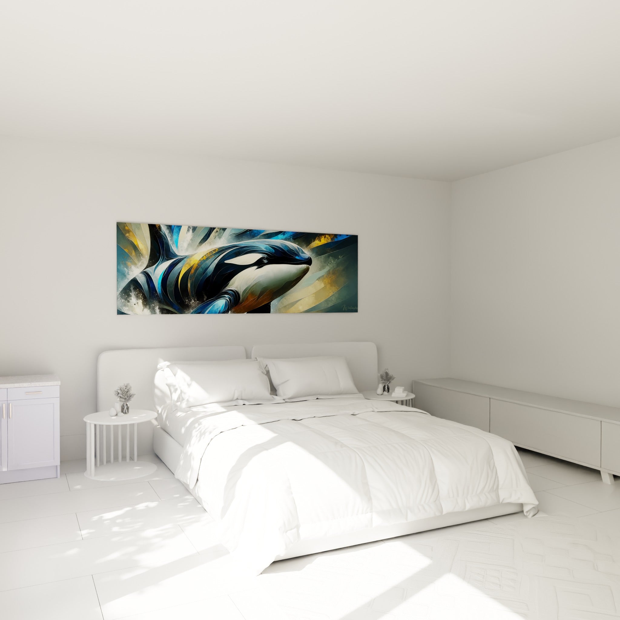 Silhouette d'orque anthracite et ocre au-dessus d'un lit dans une chambre claire