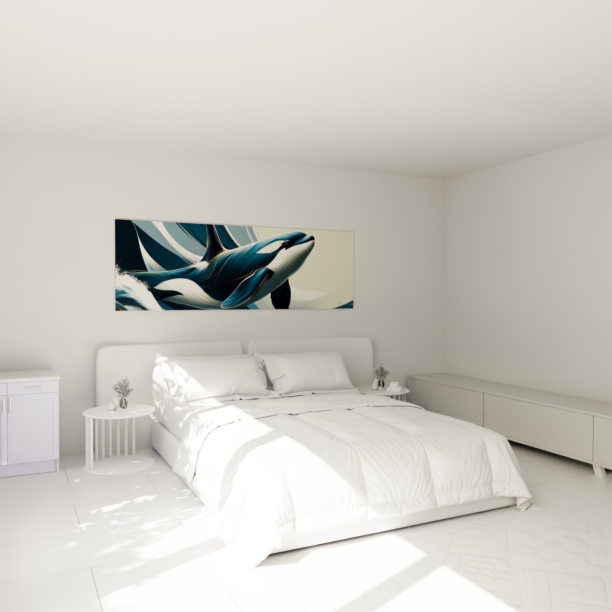 Silhouette d'orque bleu marine et argenté surgissant des flots au-dessus d'un lit dans une chambre claire