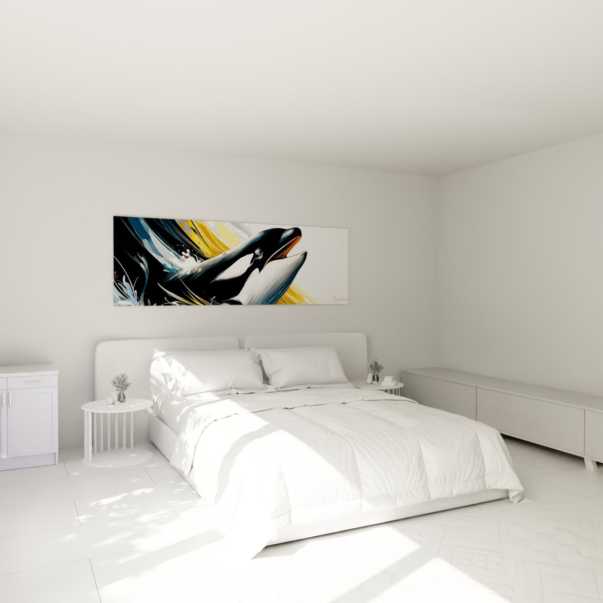 Museau d'orque noir et doré jaillissant des flots, accroché au-dessus d'un lit dans une chambre claire.
