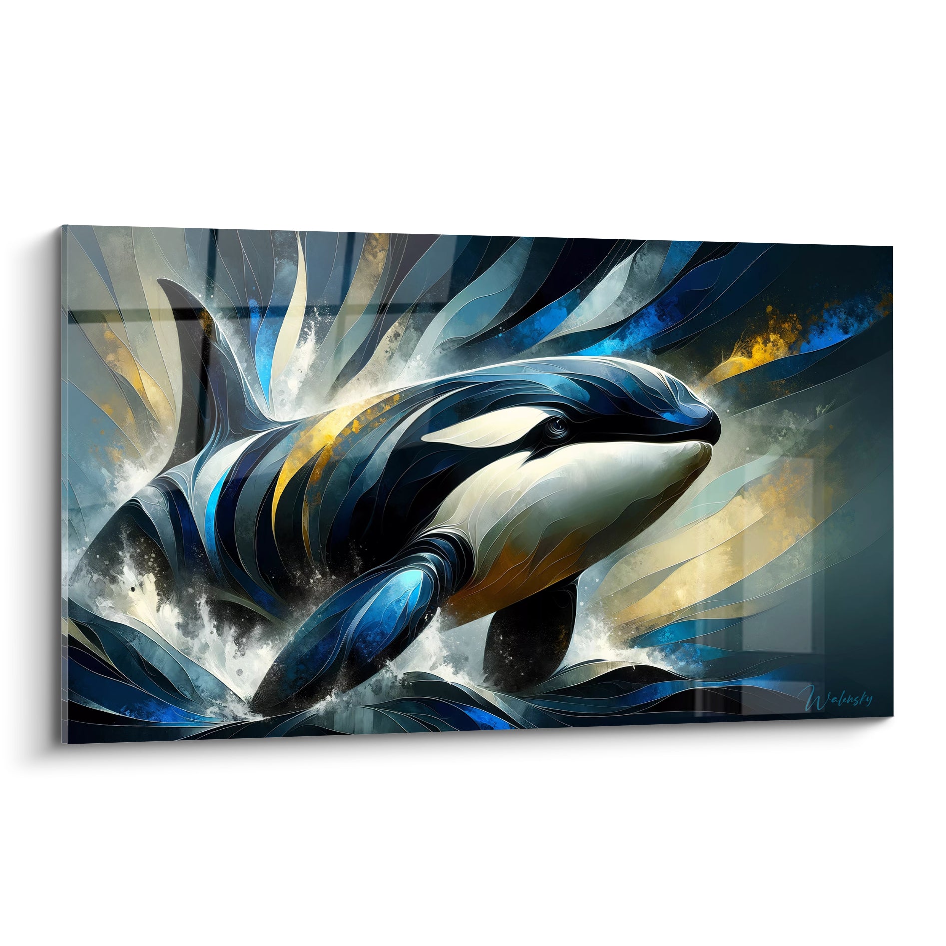 Orque bleu marine et blanche en plein bond, texture facettée noire et dorée éclatante.