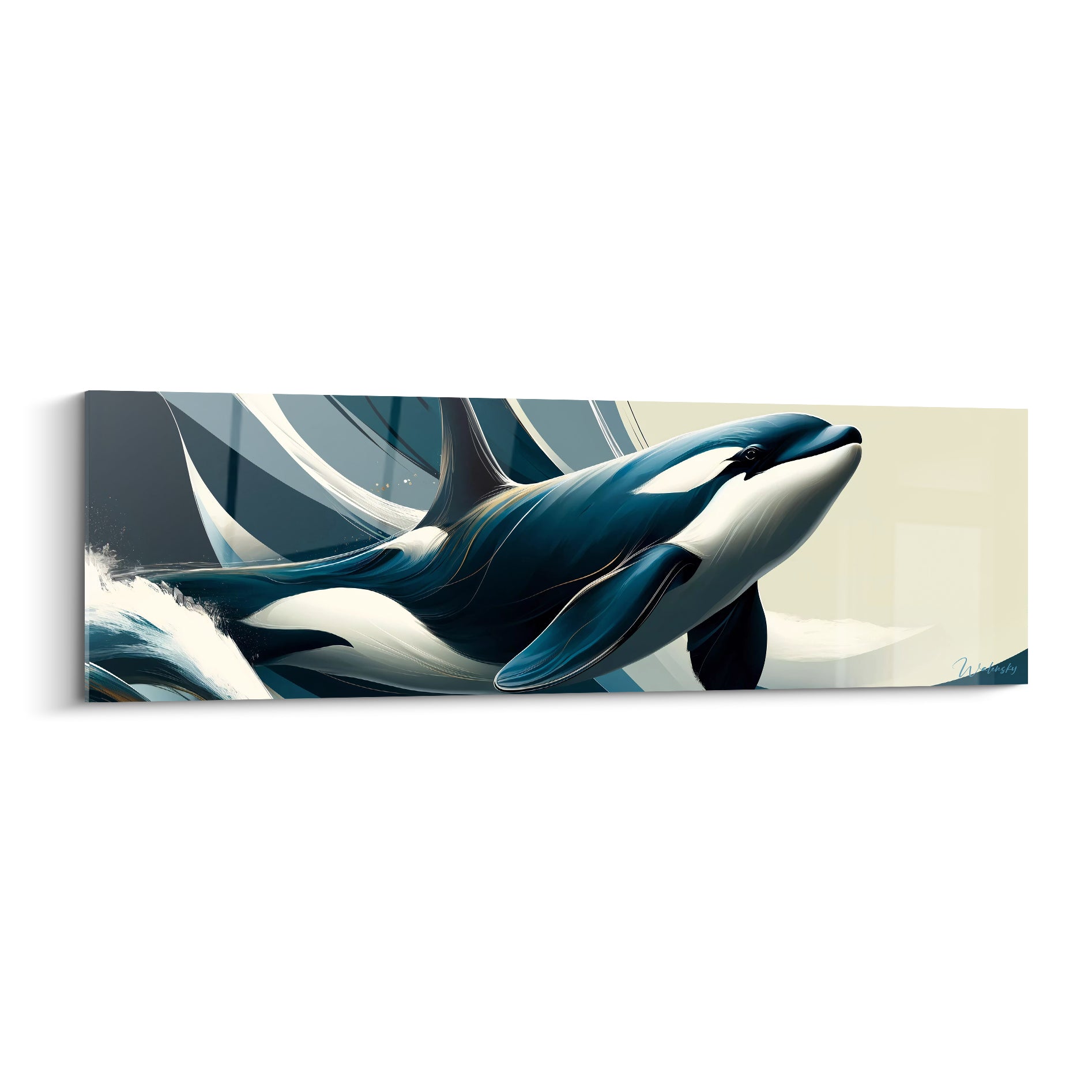 Orque bleu marine et blanc jaillissant de vagues stylisées sur fond crème abstrait