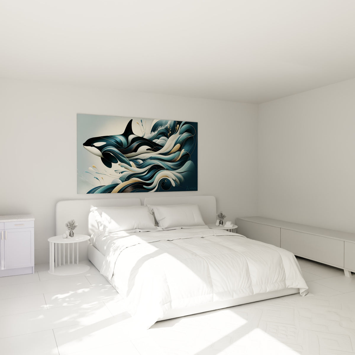 Cétacé aux courbes bleu marine et crème disposé au-dessus d'un lit dans une chambre claire