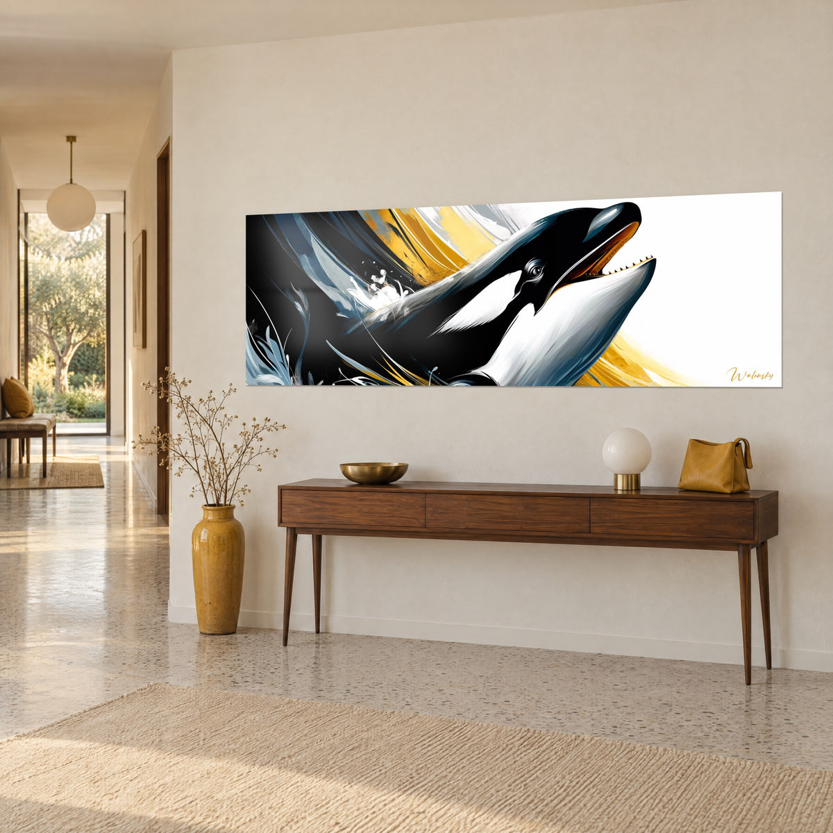 Quadro cetaceo dal dorso nero d'inchiostro e ventre immacolato, bocca spalancata, striature giallo senape e blu petrolio sopra una consolle in legno