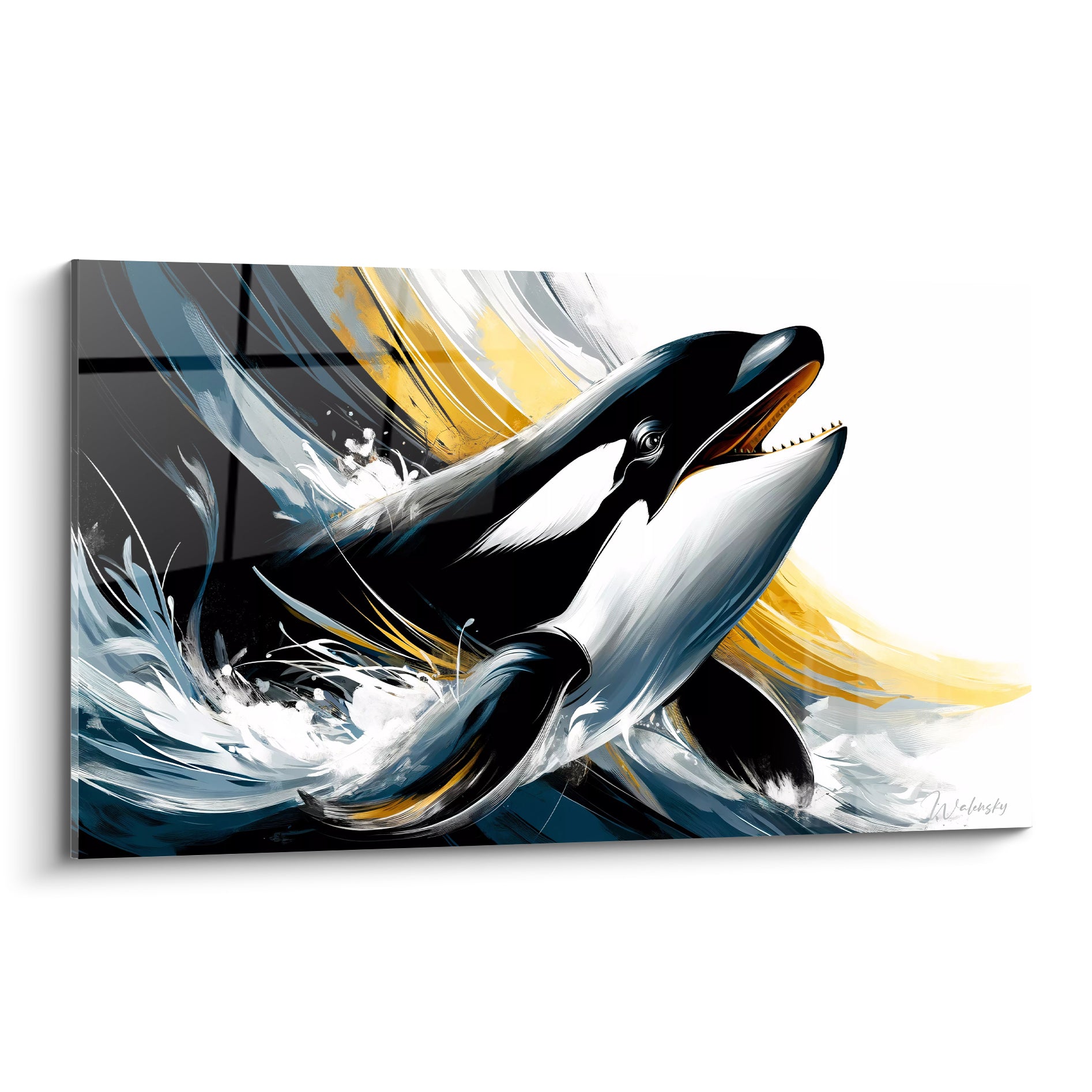 Orque noire et blanche jaillit des flots dorés et bleu marine sur toile
