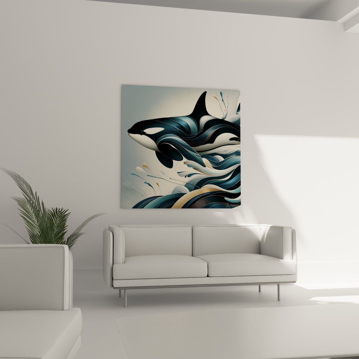 Corps sinueux de l'orque bleu marine et noir accroché au-dessus d'un canapé dans un salon lumineux