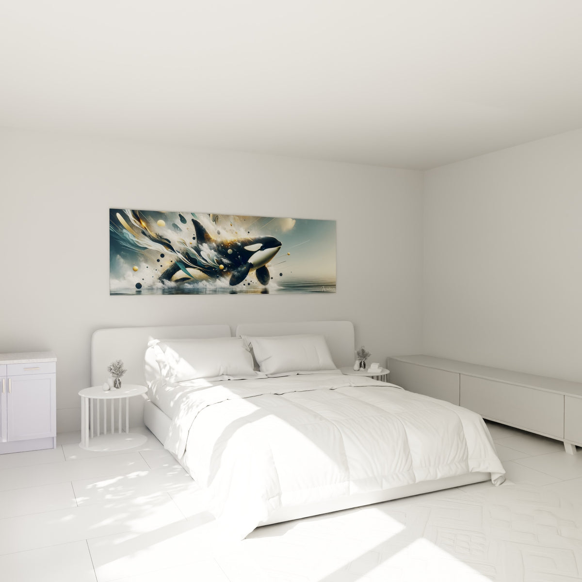 Orque dorée et anthracite en plein saut, accrochée au-dessus d'un lit dans une chambre claire