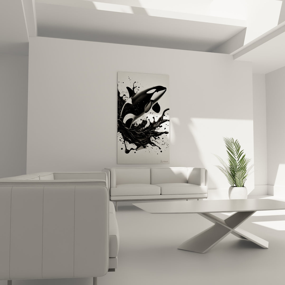 Bond spectaculaire de l'orque entourée de volutes noires liquides, au-dessus d'un canapé dans un salon lumineux