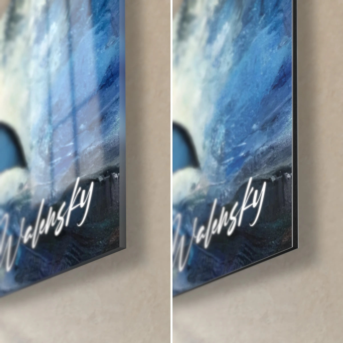 Quadro di un'orca blu notte, angolo in basso a destra: vetro acrilico lucido a sinistra, alluminio Dibond opaco a destra, firma bianca, bordo da 3 mm