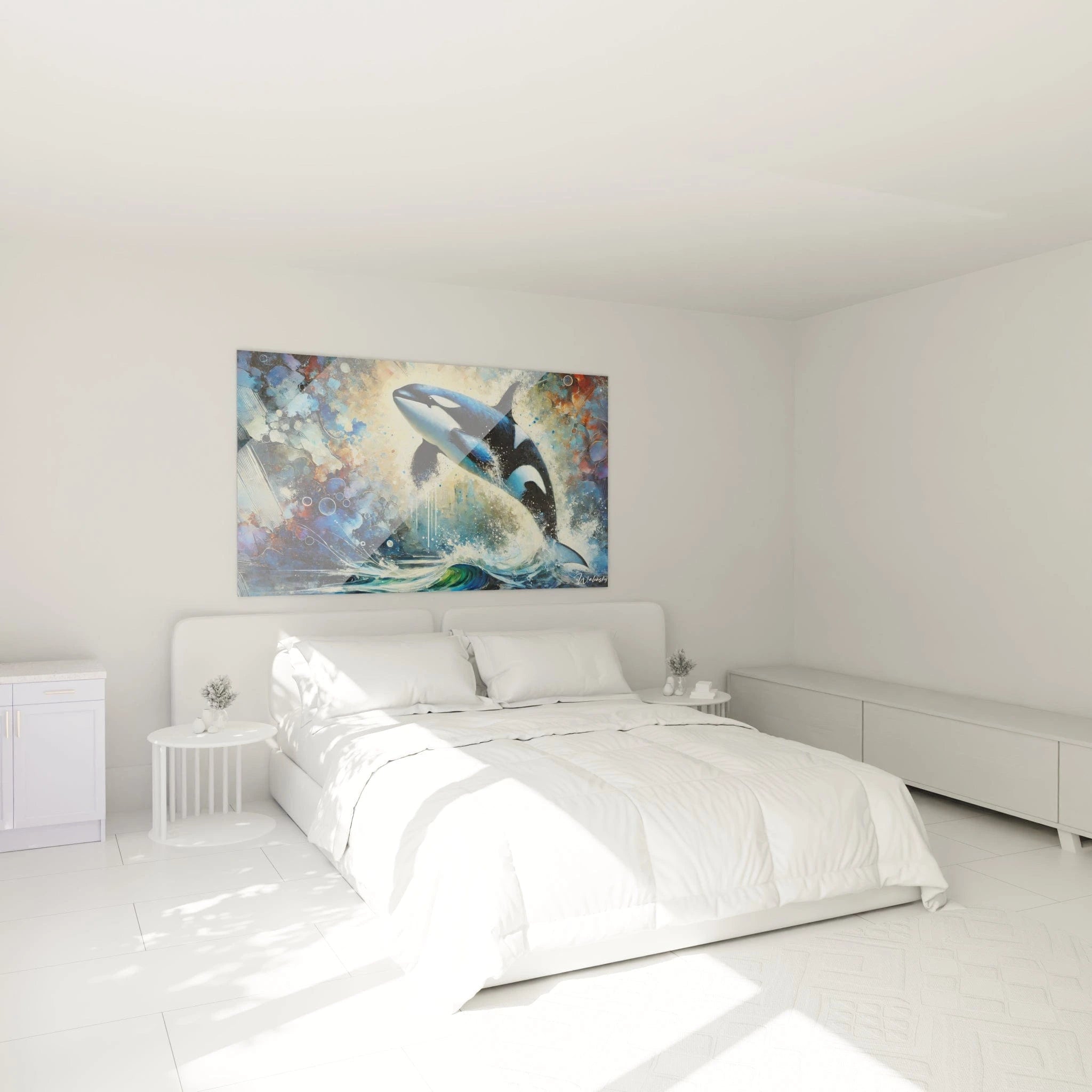 tableau orque accroché au mur d’une chambre moderne au-dessus d’un lit couleurs bleu marine noir et blanc créant une ambiance apaisante inspirée des océans et évoquant l’énergie harmonieuse des vagues