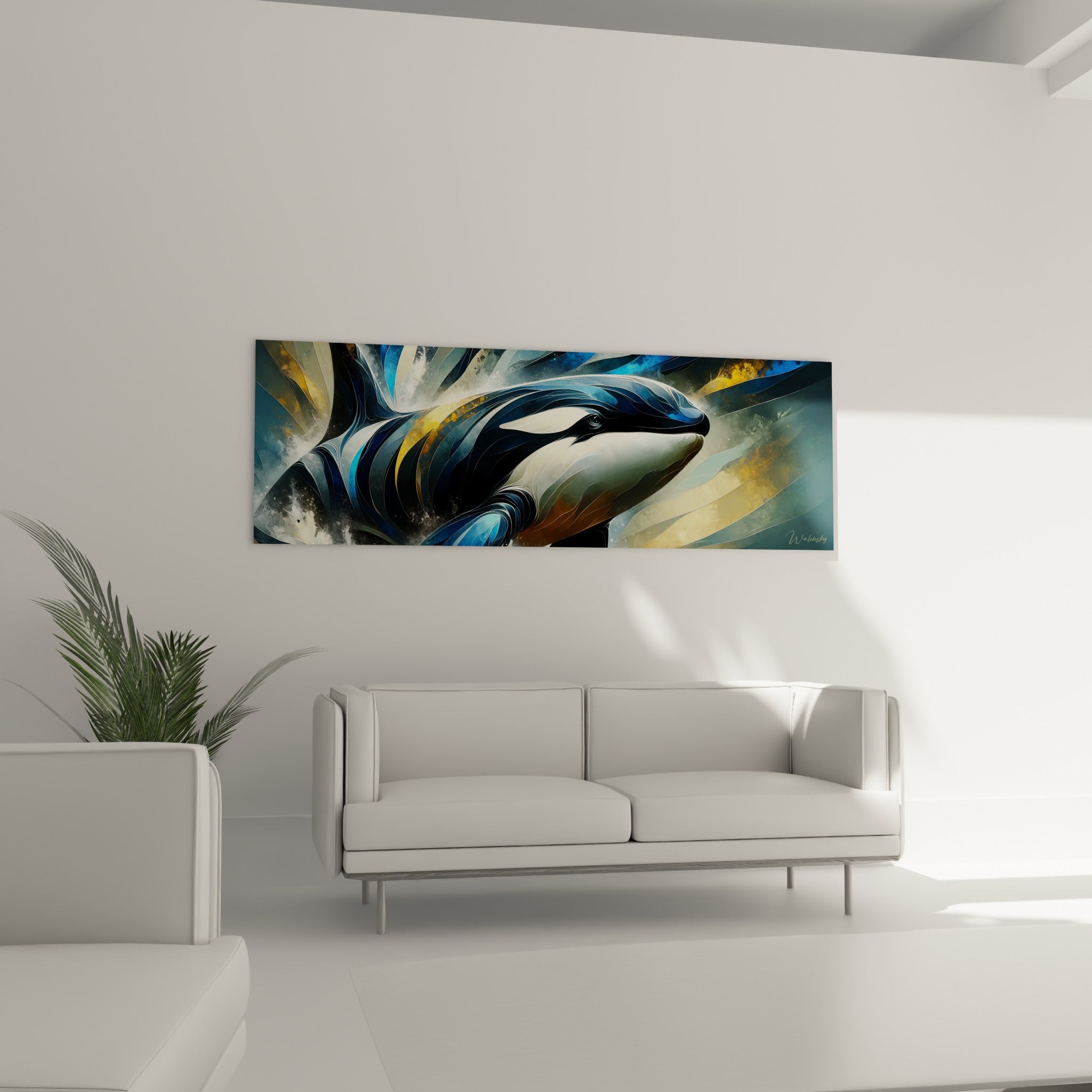 Tête d'orque bleu nuit et blanc crème au-dessus d'un canapé dans un salon lumineux