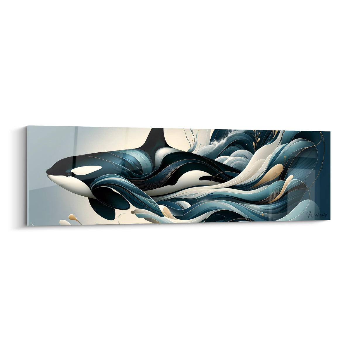 Orque noire aux motifs blancs se fondant dans des vagues bleu marine et dorées stylisées