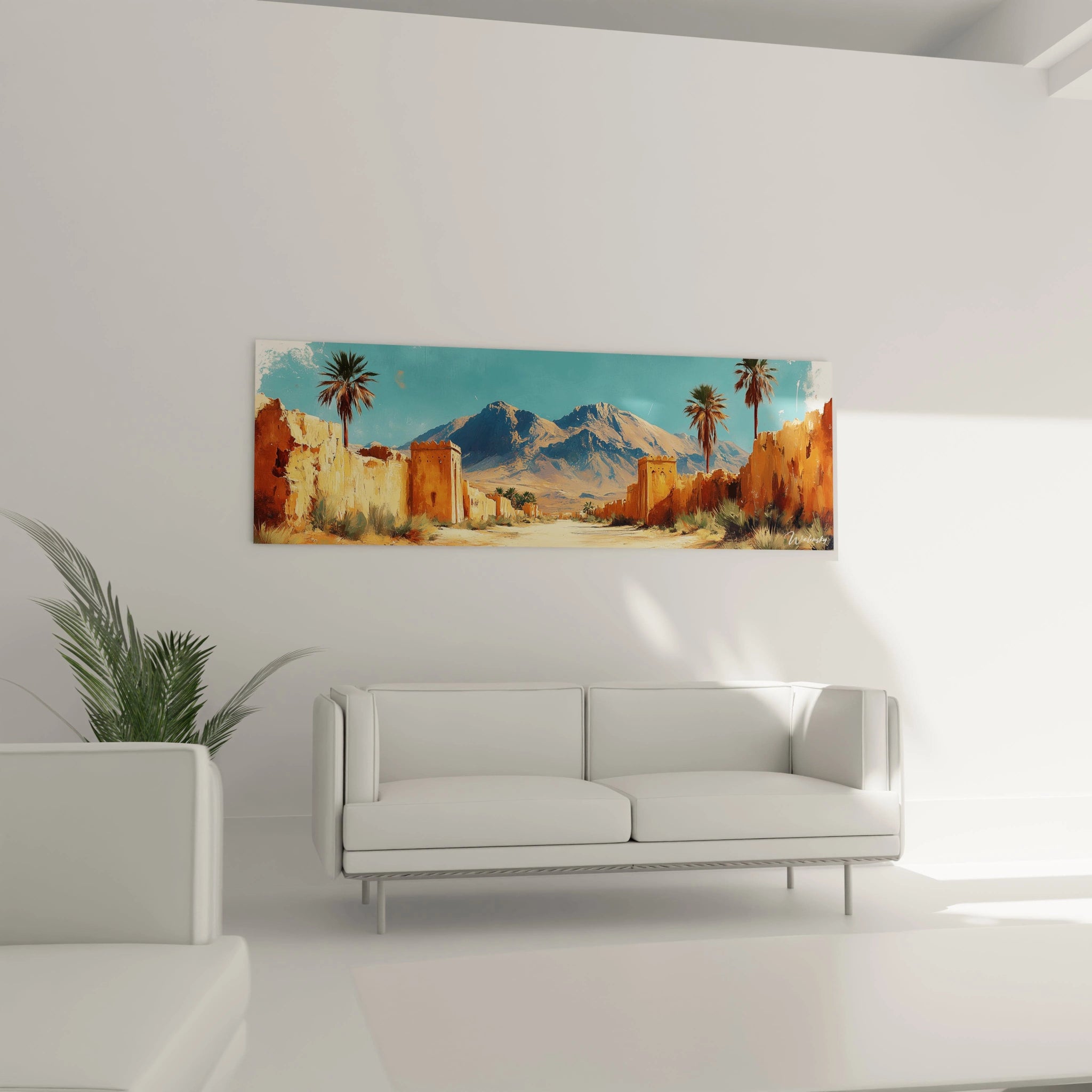 Tableau Egypte mural Walensky représentant un paysage désertique avec montagne et palmiers dans un salon moderne