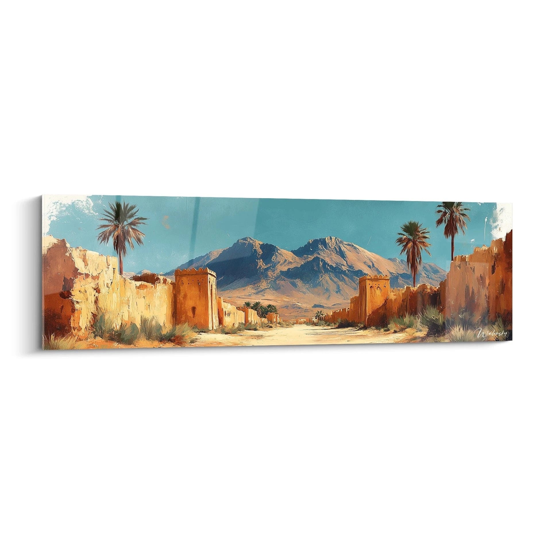 Tableau Egypte mural Walensky représentant un paysage désertique avec montagnes et palmiers