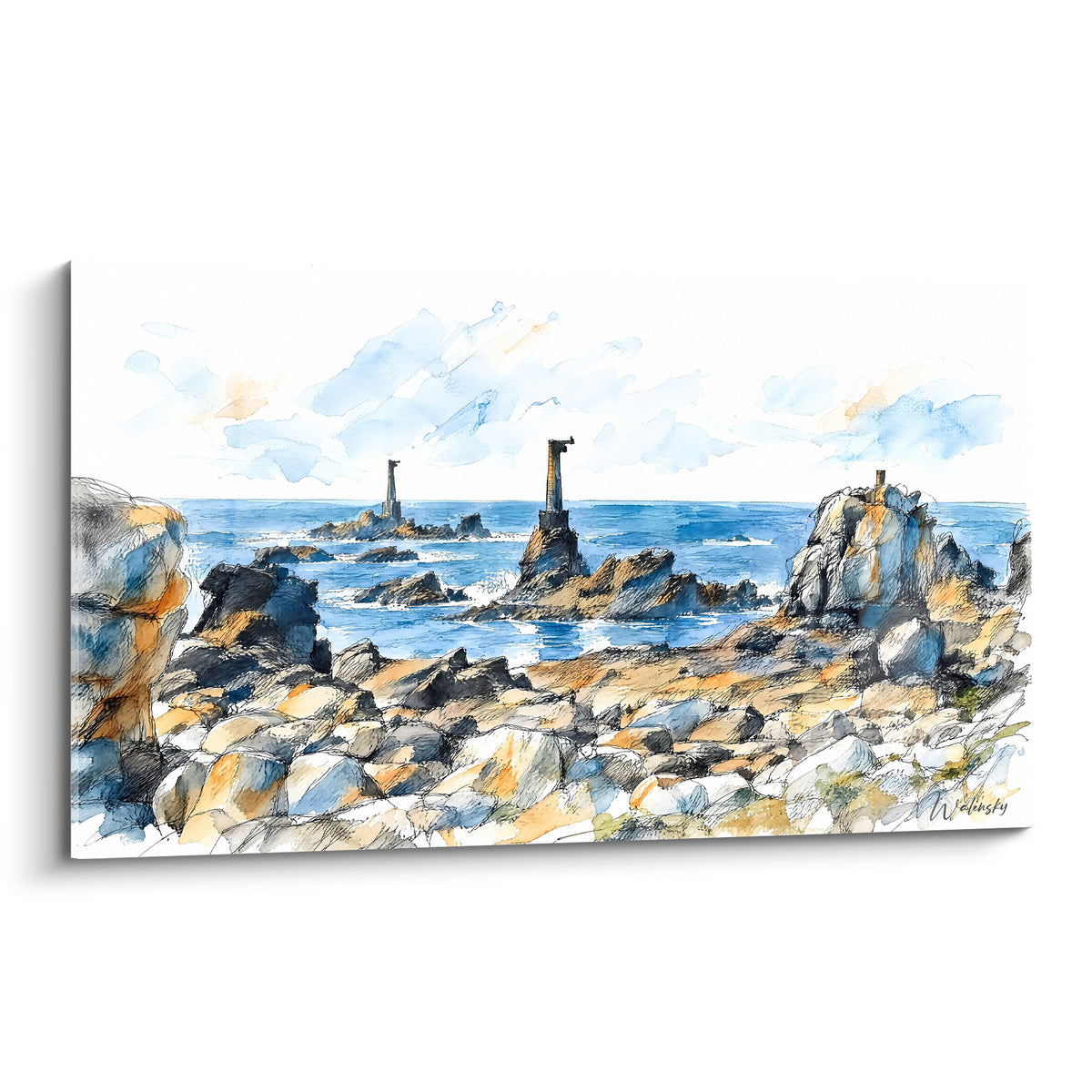 Tableau trois phares bleu marine émergeant de rochers ocre dans une aquarelle tourmentée d'Ouessant, Bretagne, France