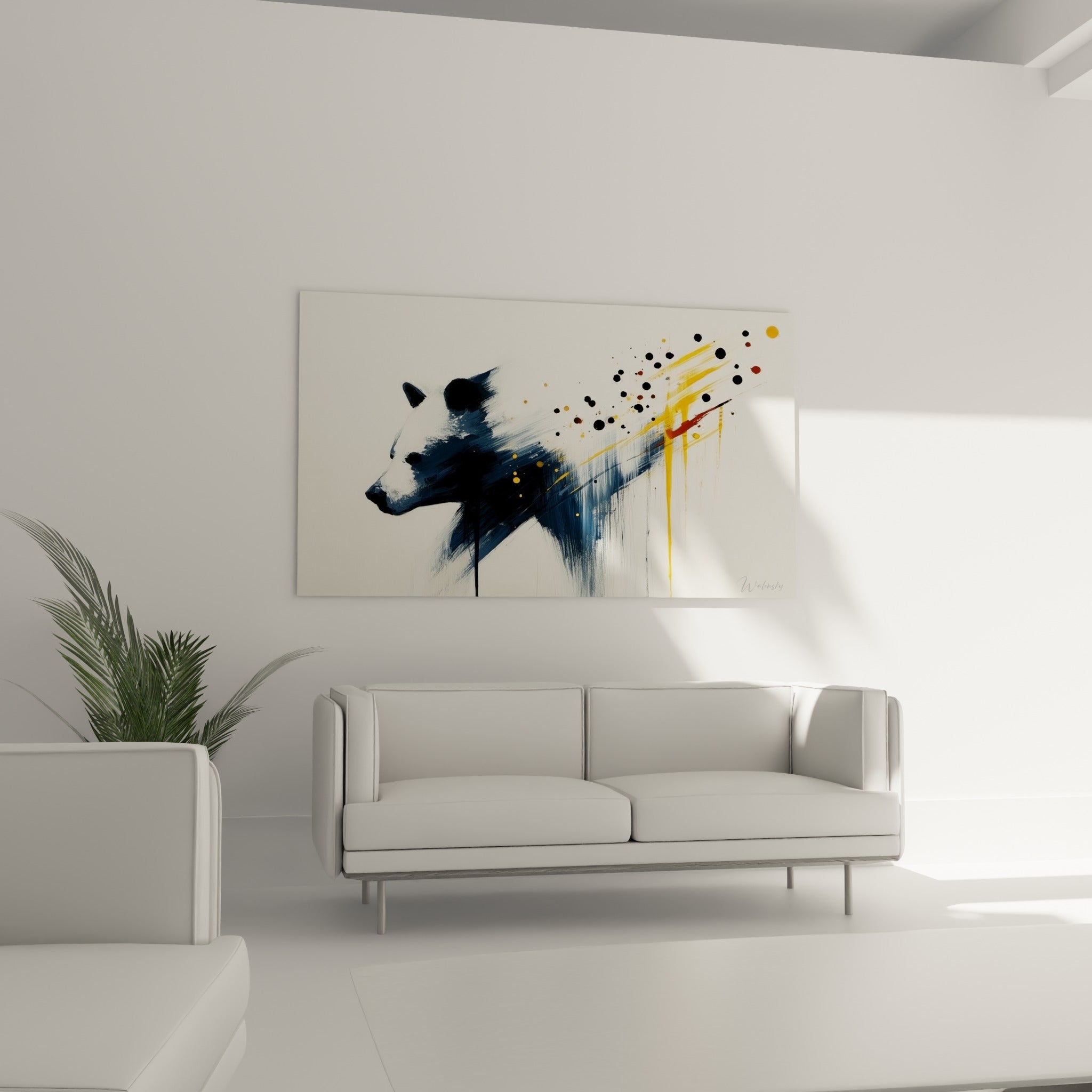Ours brun anthracite et doré en pleine dissolution picturale, au-dessus d'un canapé dans un salon lumineux