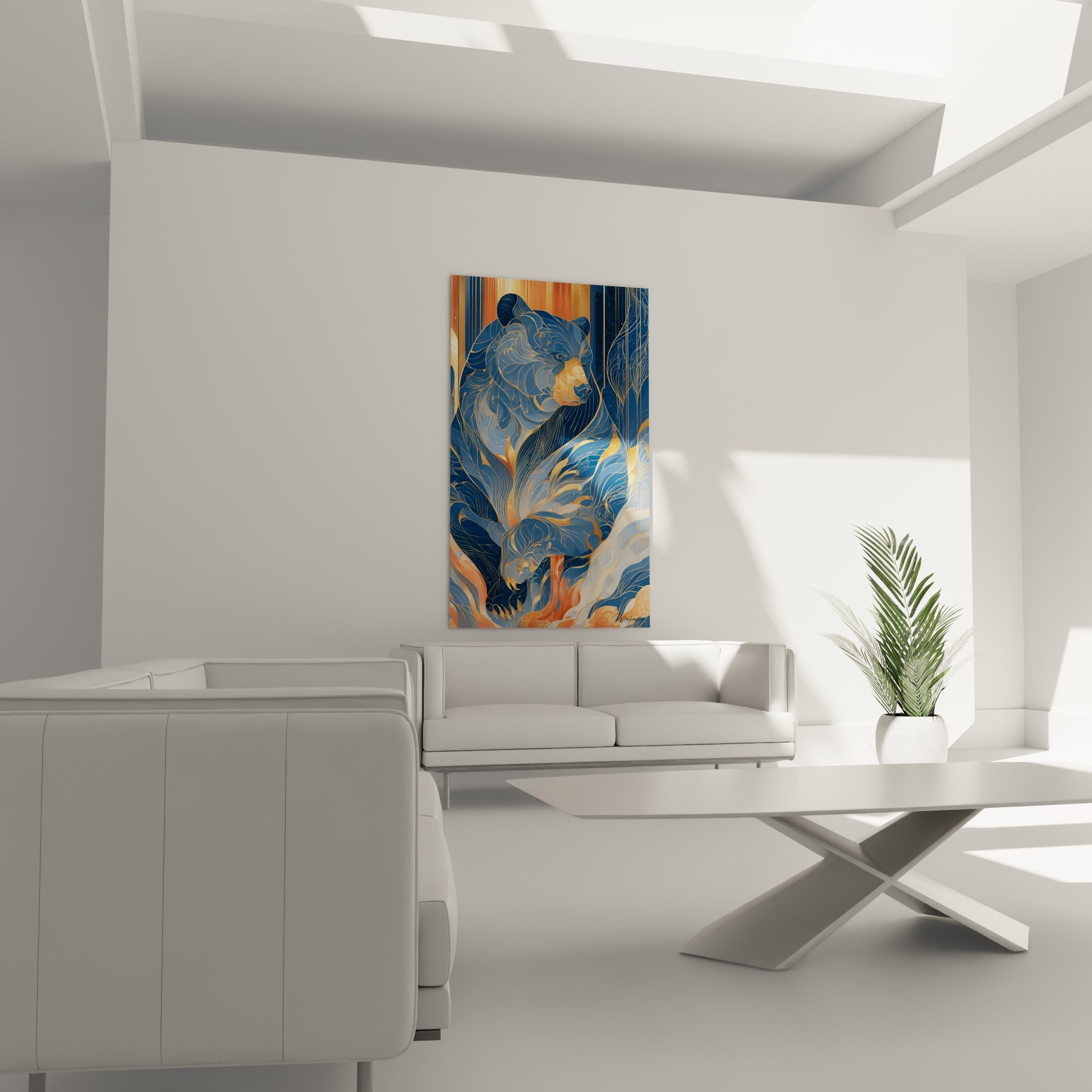 Motif graphique d'ours brun doré et anthracite au-dessus d'un canapé dans un salon lumineux