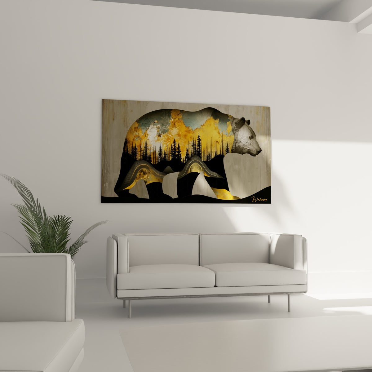 Ours brun graphique en noir et doré surplombant un canapé dans un salon lumineux