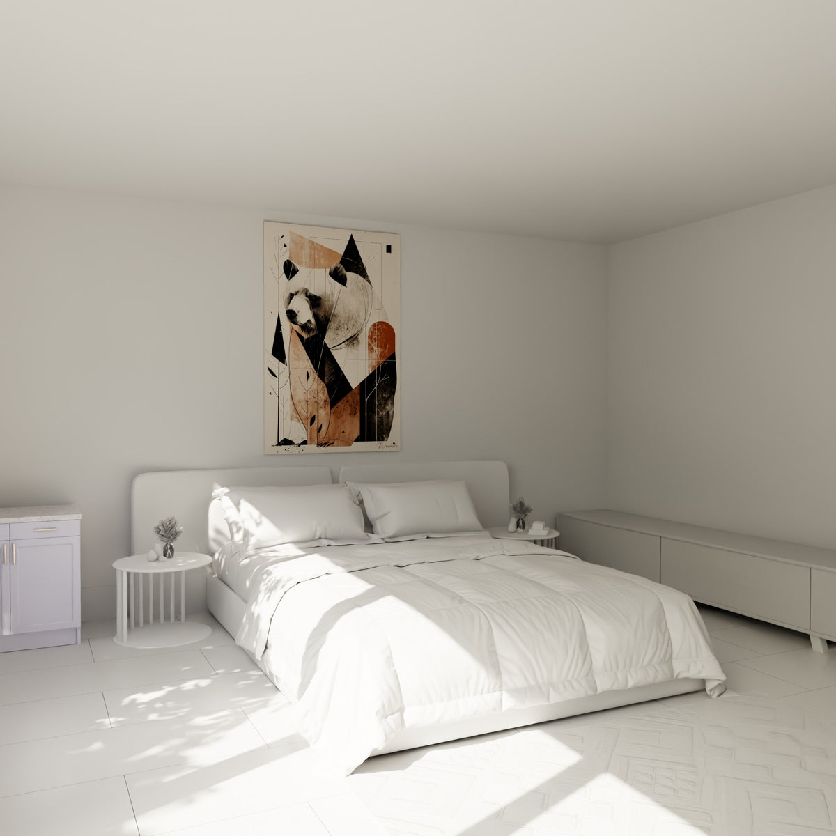 Ours brun graphique aux tons terracotta et noir, accroché au-dessus d'un lit dans une chambre claire