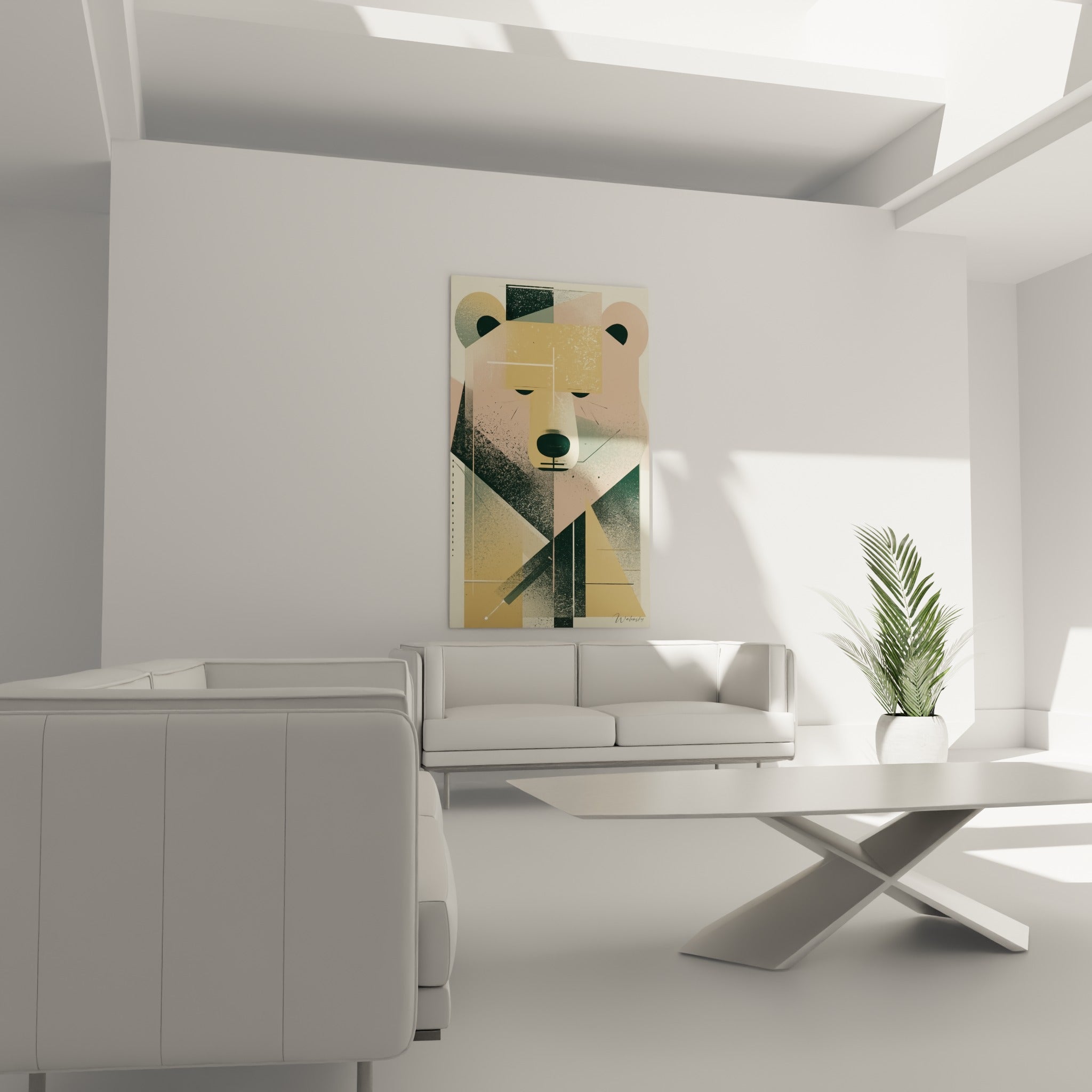 Ours brun graphique aux teintes anthracite et dorées disposé au-dessus d'un canapé dans un salon lumineux