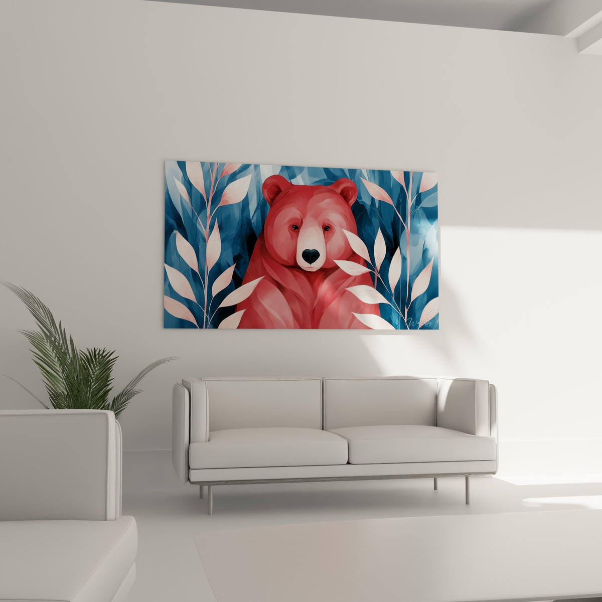 Portrait d'ours brun aux tons corail et bleu marine, suspendu au-dessus d'un canapé dans un salon lumineux