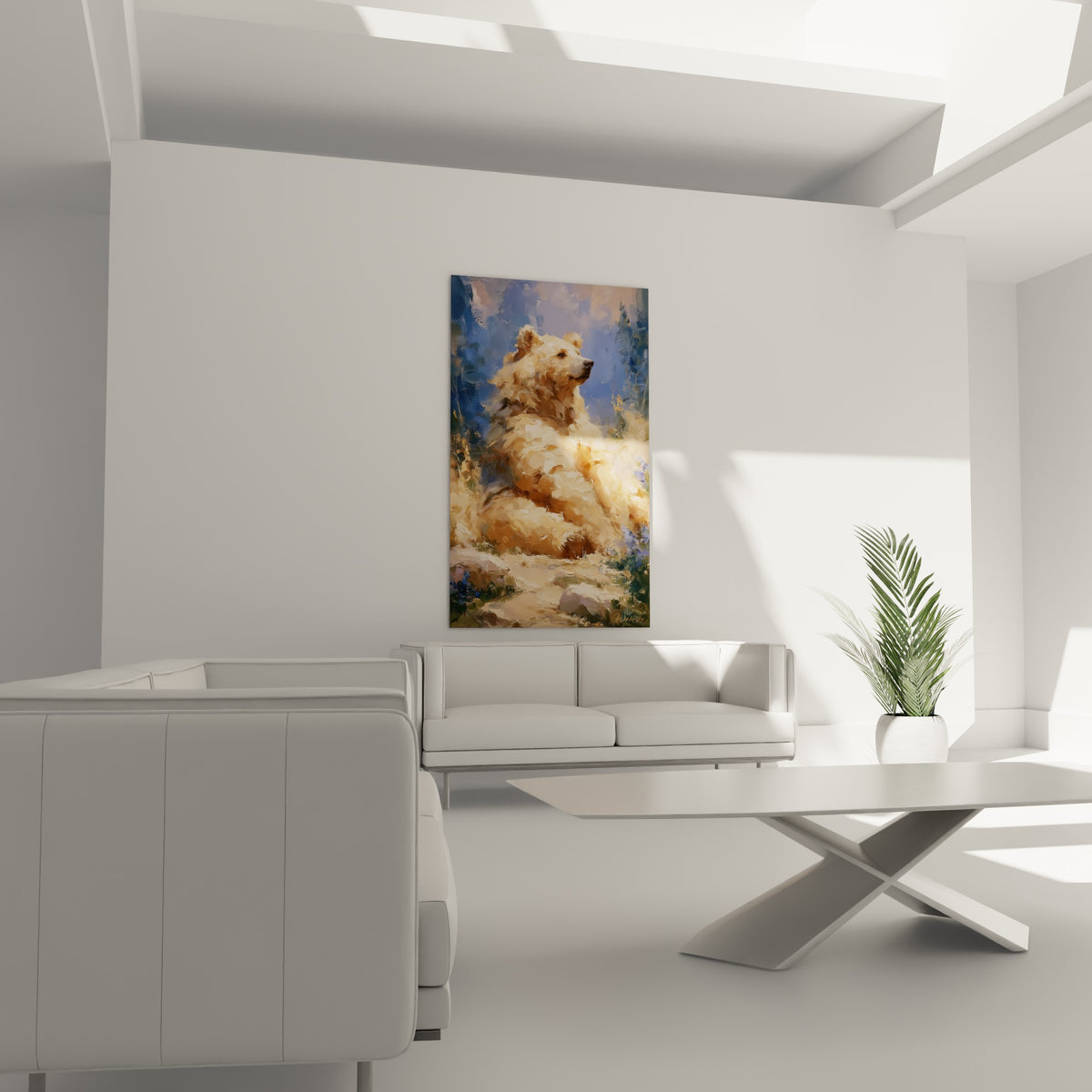 Ours brun aux tons beige et bleu pastel installé au-dessus d'un canapé dans un salon lumineux