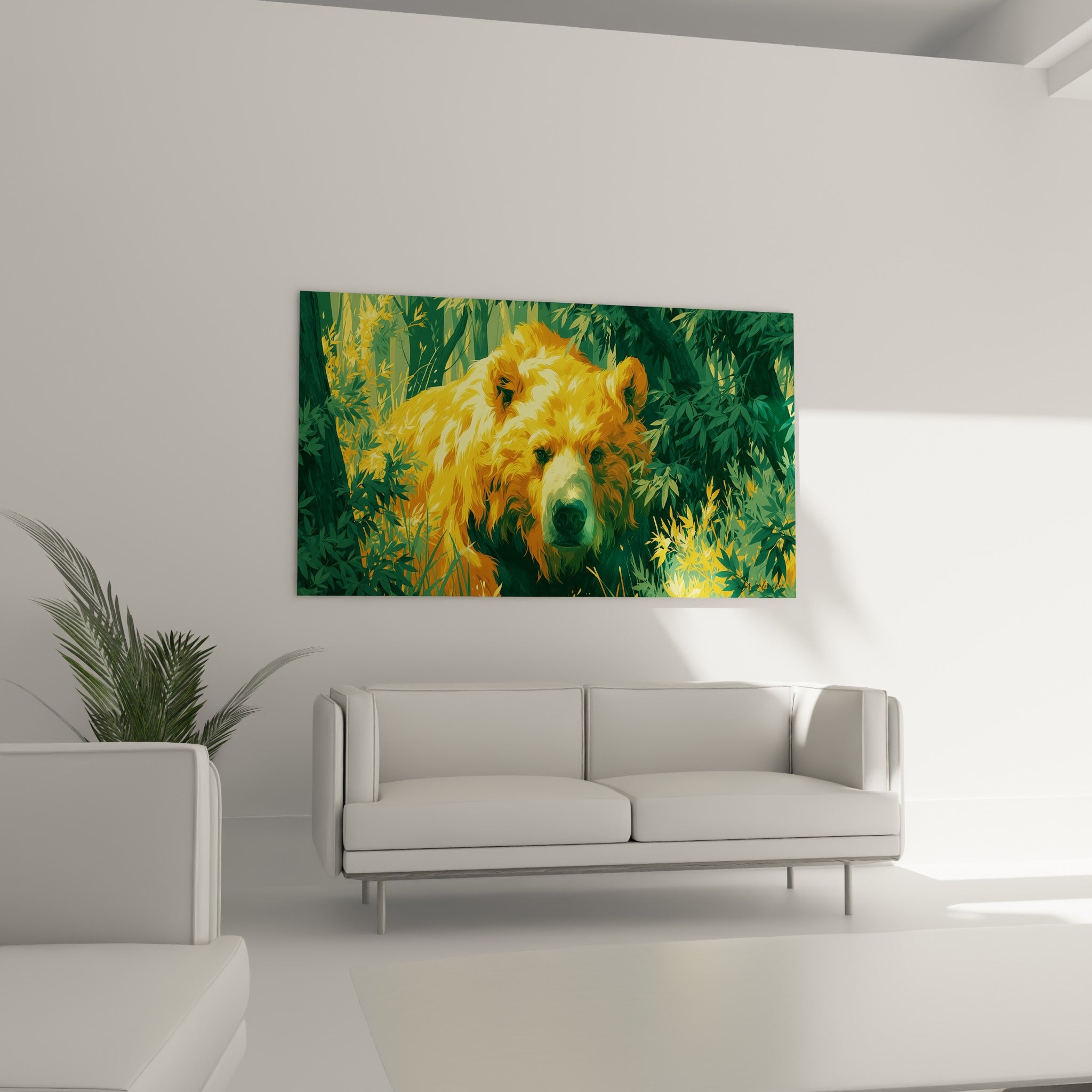 Silhouette dorée de l'Ours brun entouré de bambous verts, suspendue au-dessus d'un canapé dans un salon lumineux