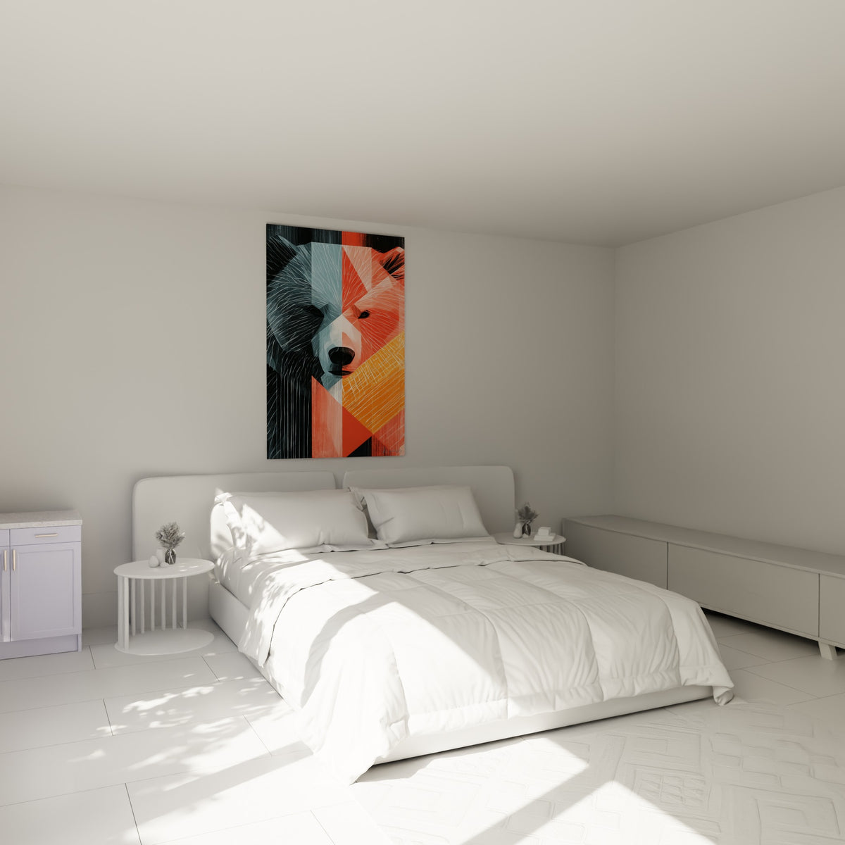 Portrait d'ours brun anthracite et corail accroché au-dessus d'un lit dans une chambre claire