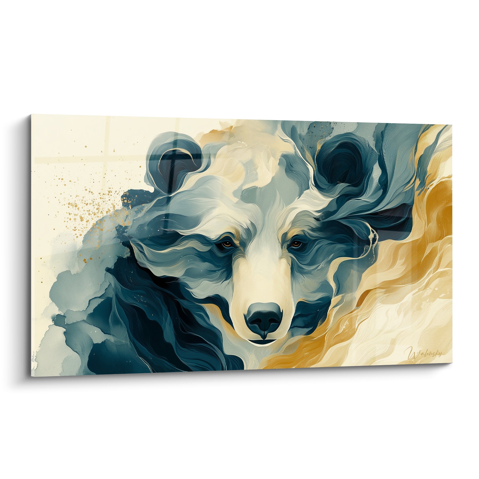 Ours brun peint en bleu marine et doré, regard perçant, pelage aquarelle fluide sur fond crème