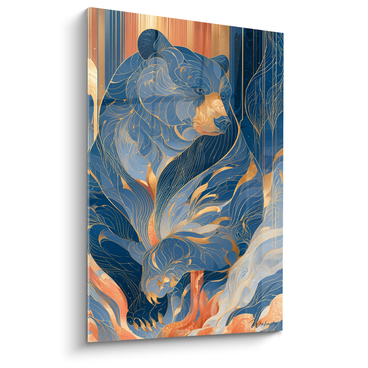 Ours brun stylisé aux lignes bleu marine et dorées sur fond de bandes verticales orangées