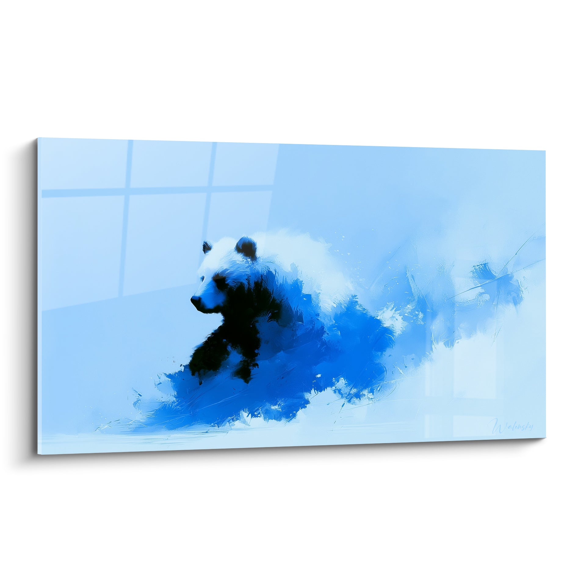 Ours brun profil noir et blanc dans une traînée bleu marine et blanc éclatant sur fond pastel