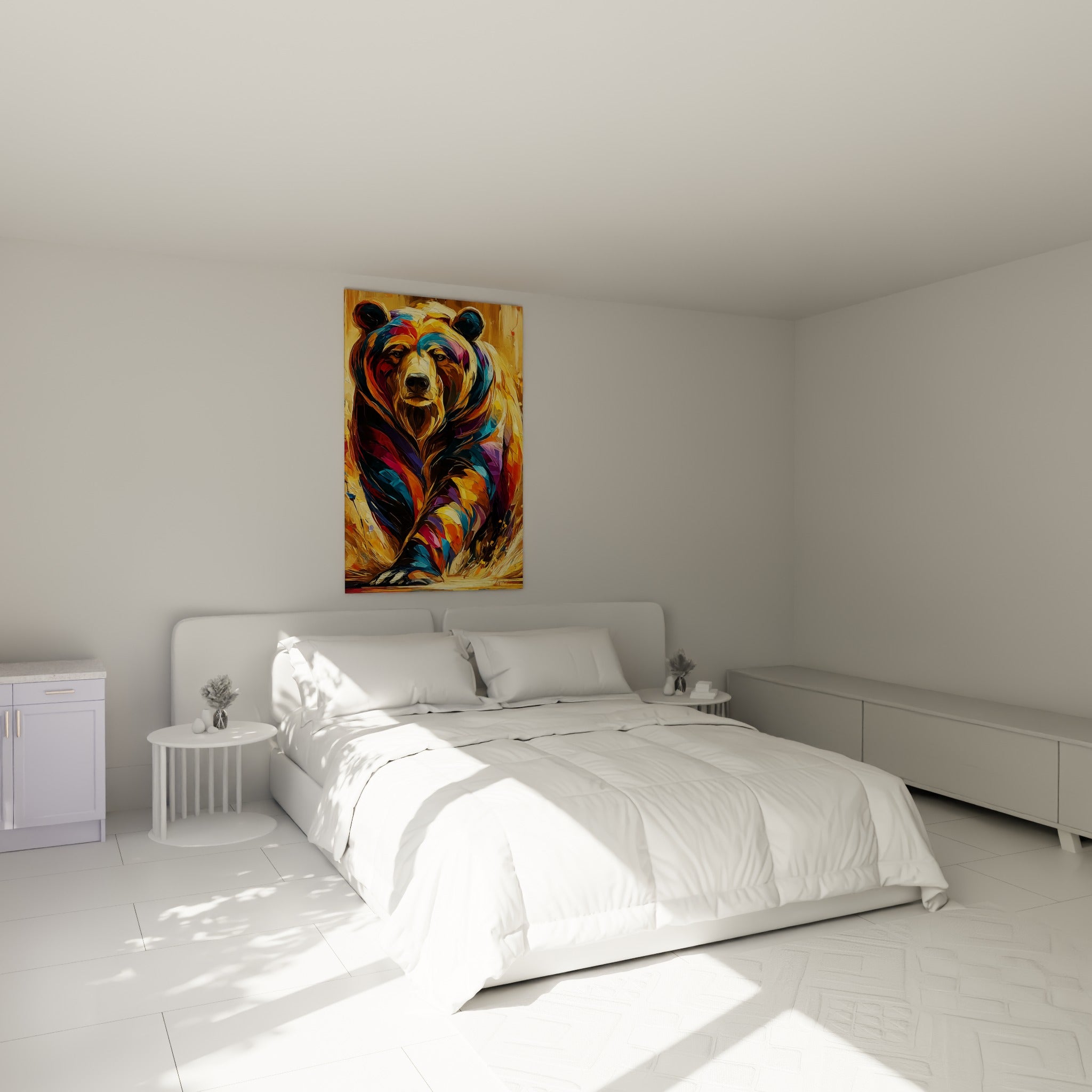 Ours brun aux teintes turquoise et magenta, posture frontale, au-dessus d'un lit dans une chambre claire