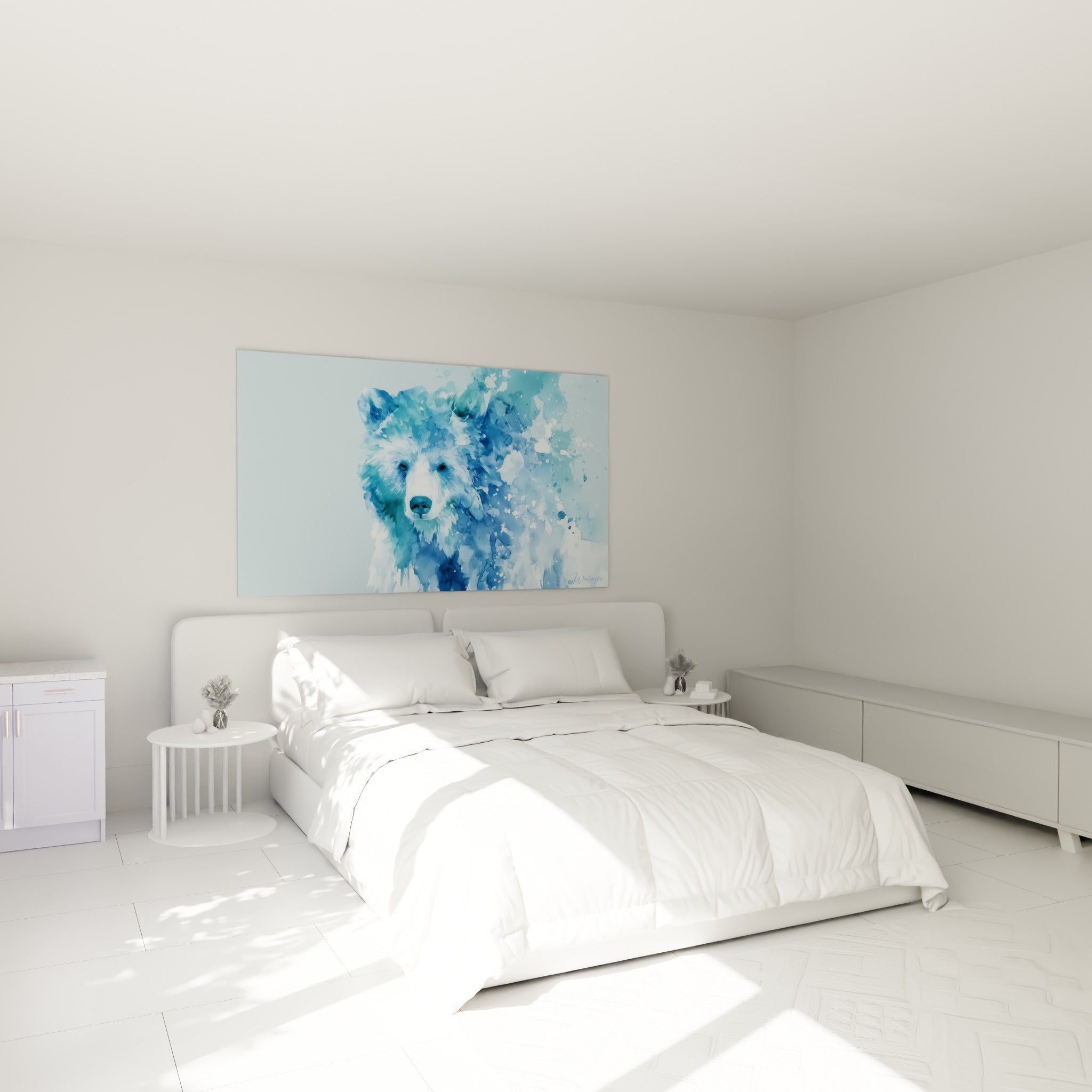 Regard d'ours brun bleu pastel et blanc accroché au-dessus d'un lit dans une chambre claire