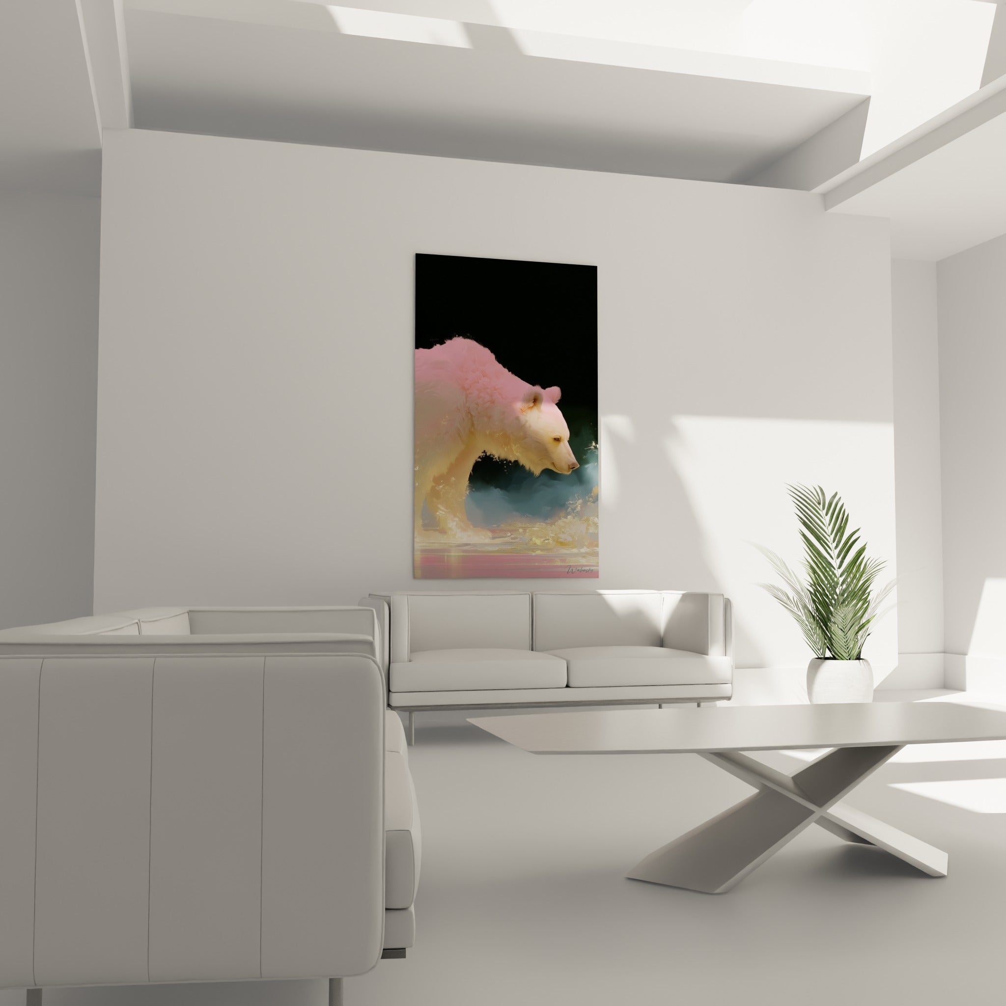 Figure d'ours brun aux teintes roses et bleutées suspendue au-dessus d'un canapé dans un salon lumineux.